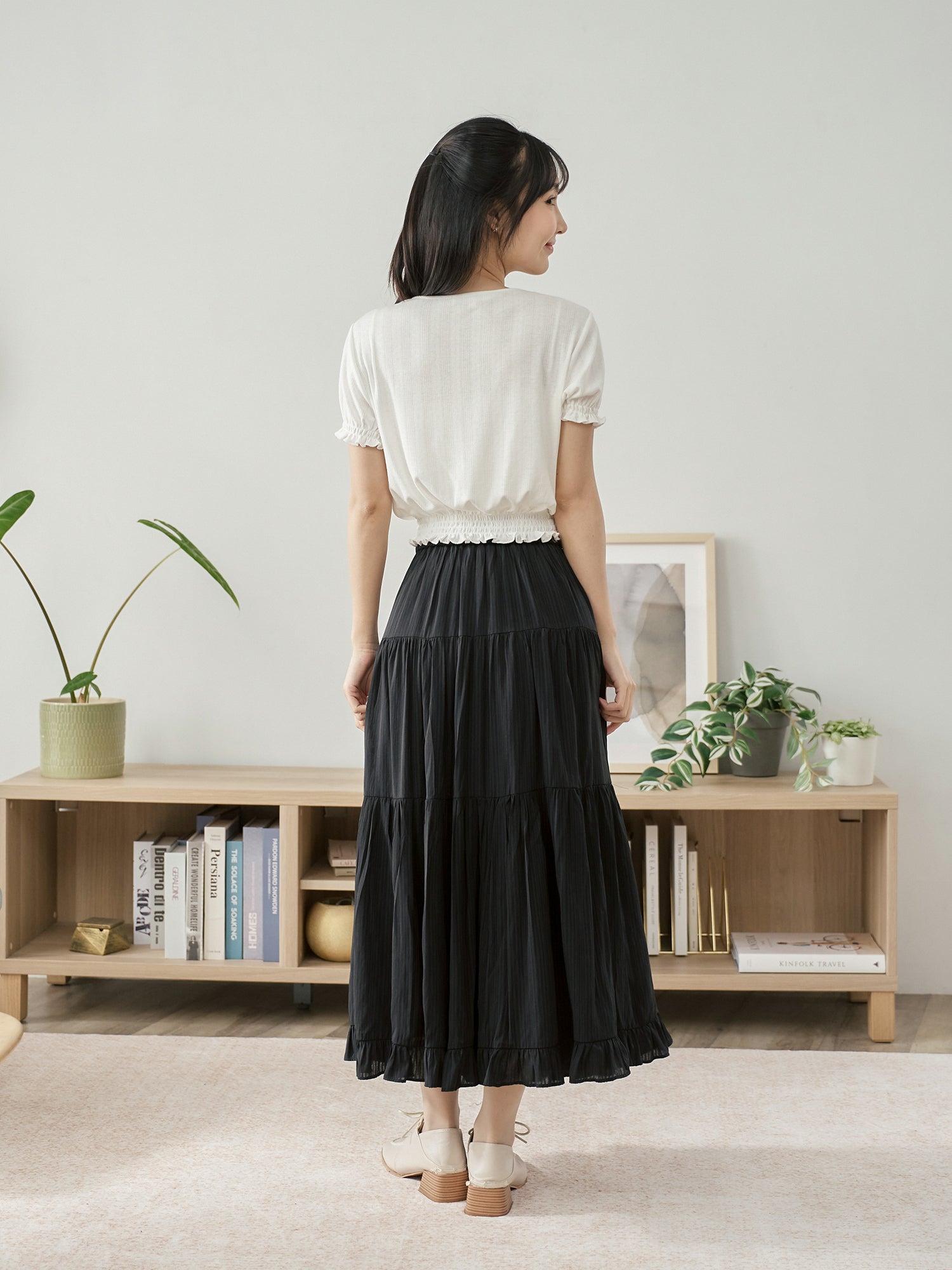 Pointelle Puff Sleeve Shirring Top