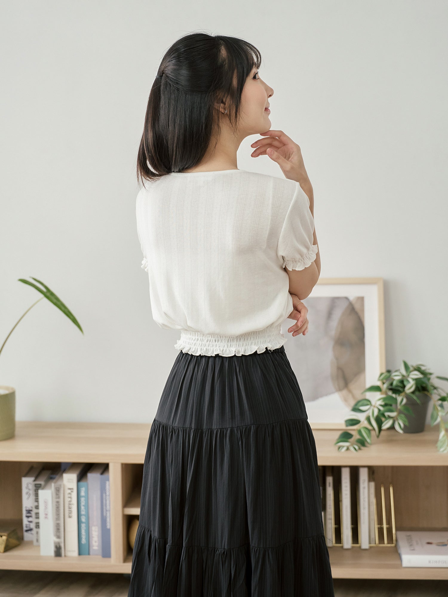 Pointelle Puff Sleeve Shirring Top