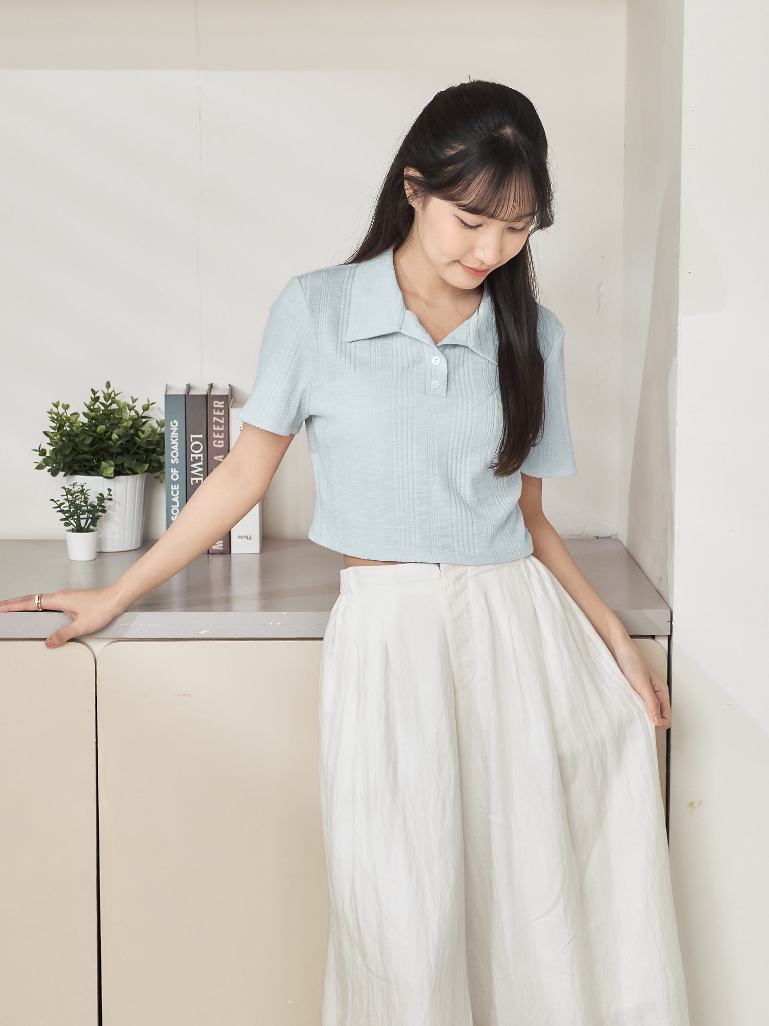 Knit-Blend Cropped Polo Top