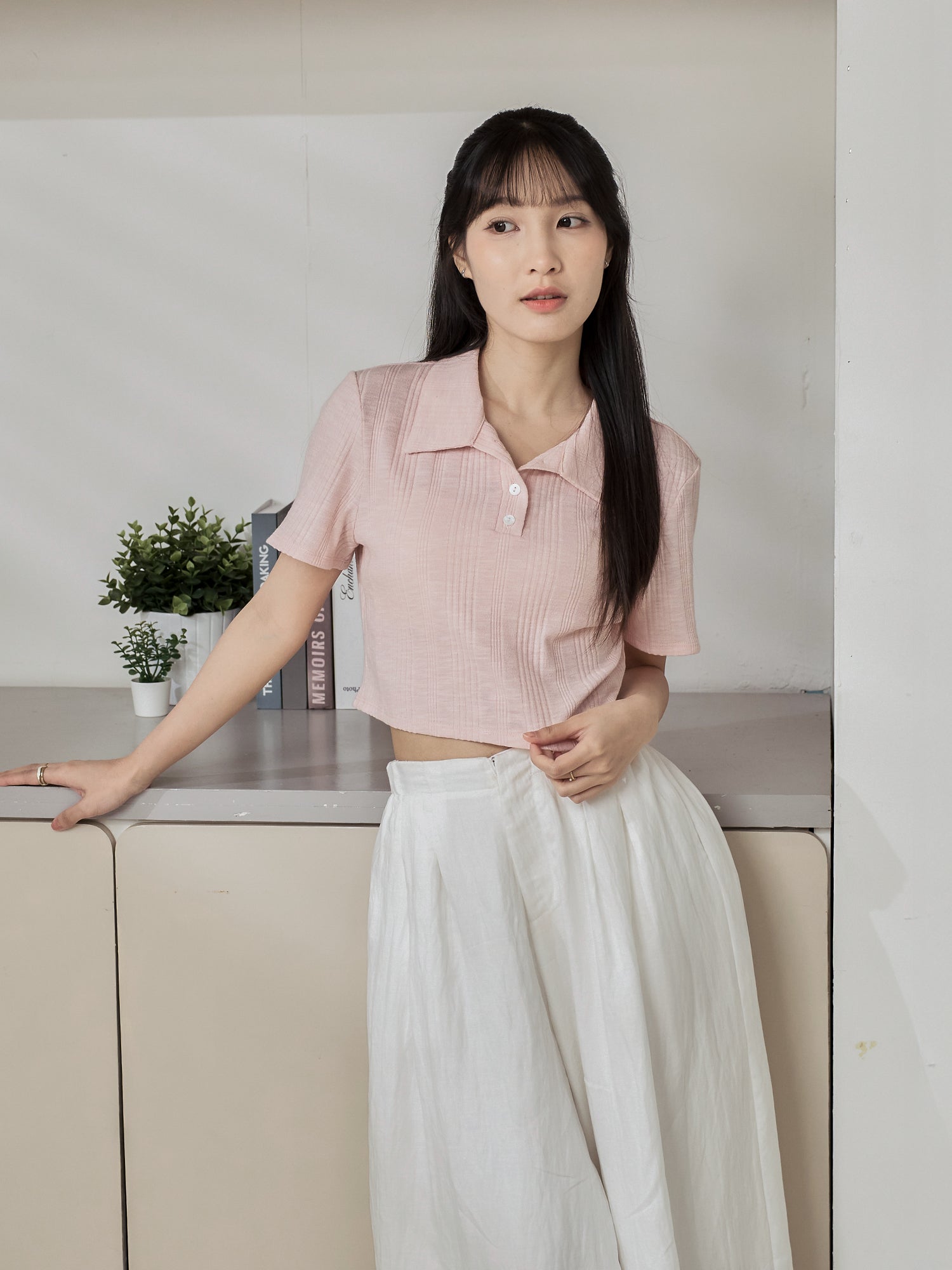Knit-Blend Cropped Polo Top