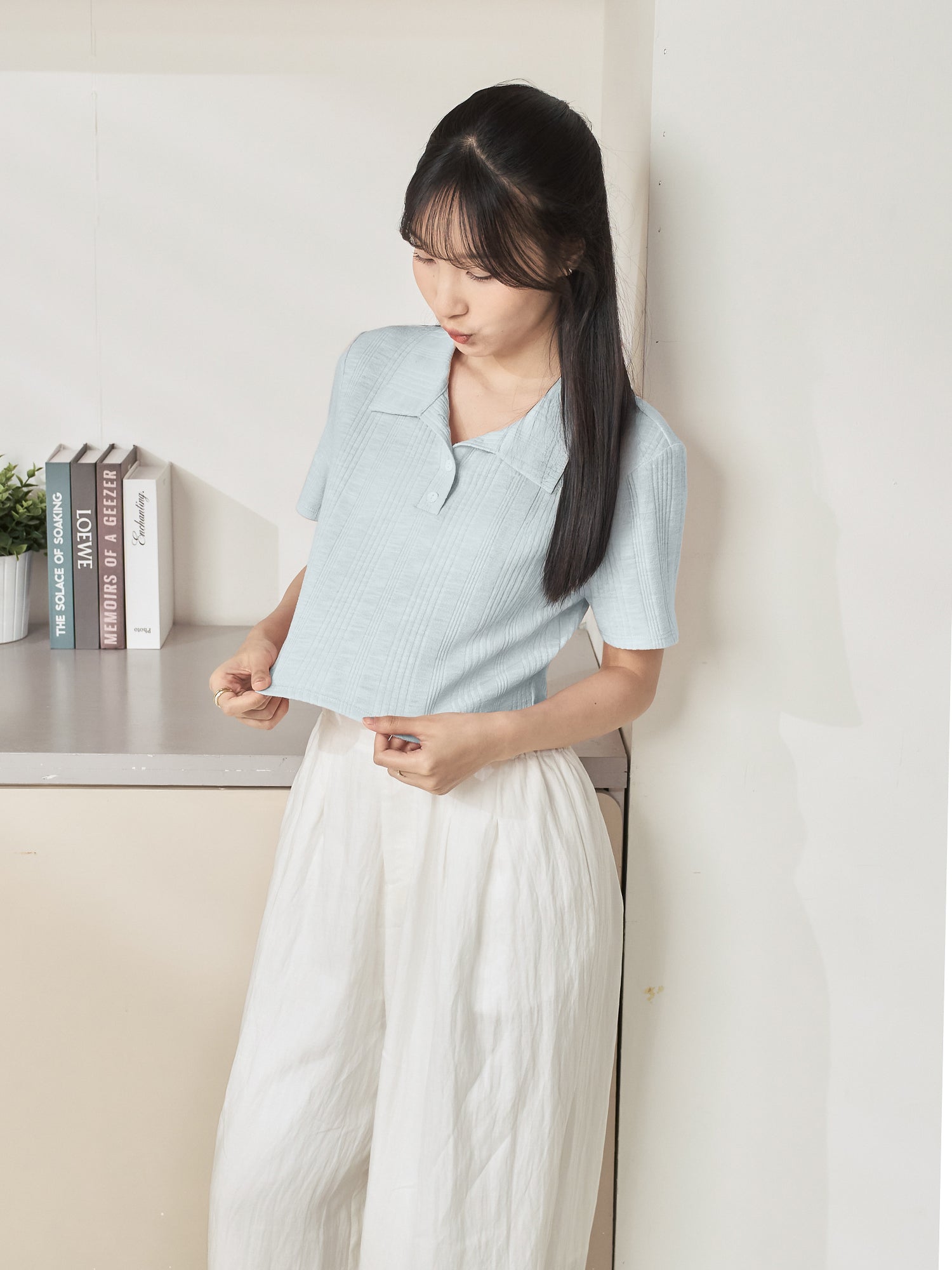 Knit-Blend Cropped Polo Top