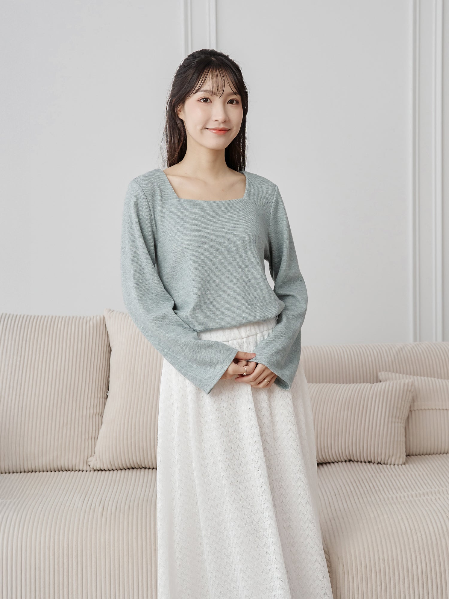 Bell-Sleeve Square Neck Top