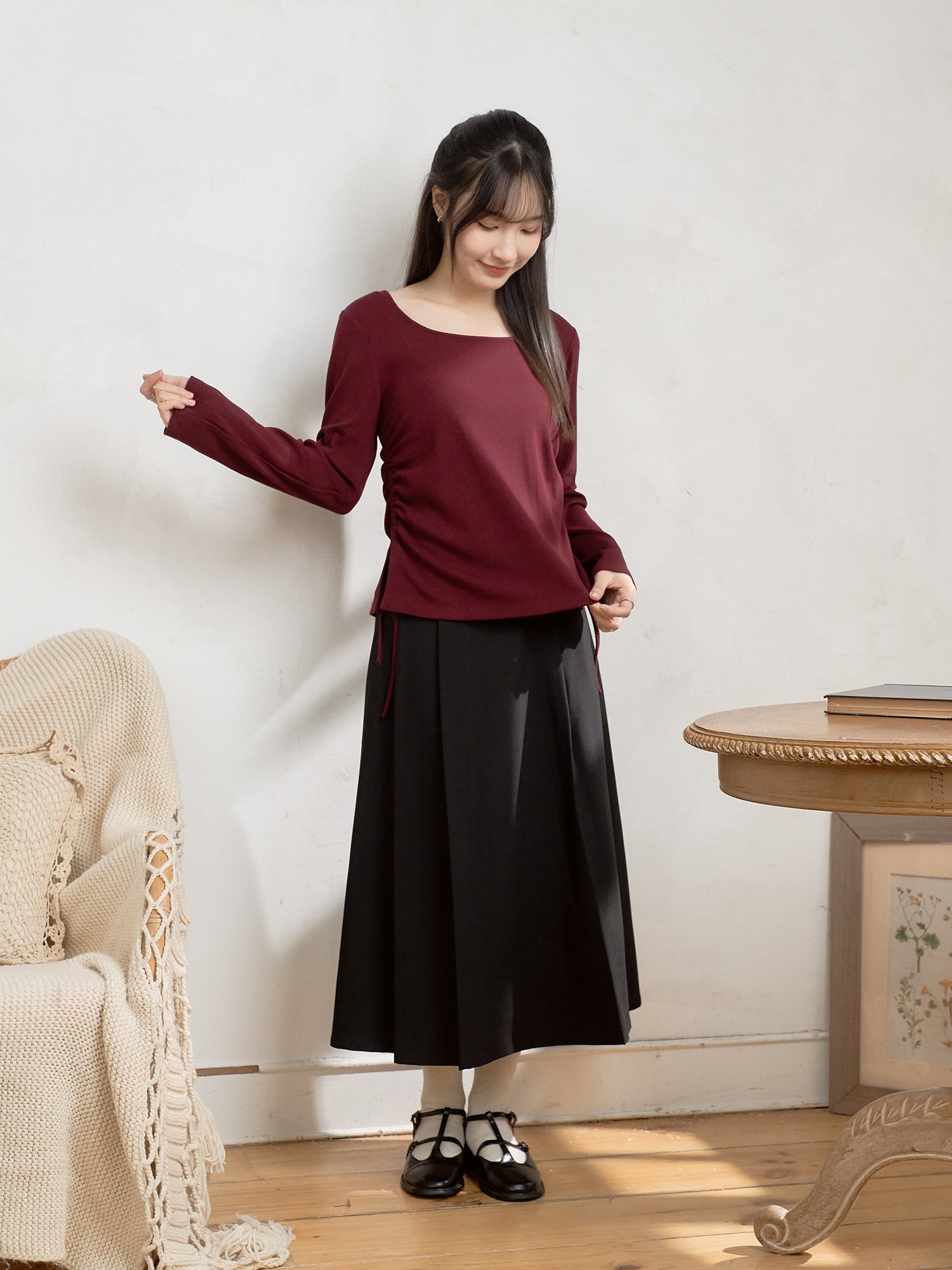 抽繩綁帶開衩上衣