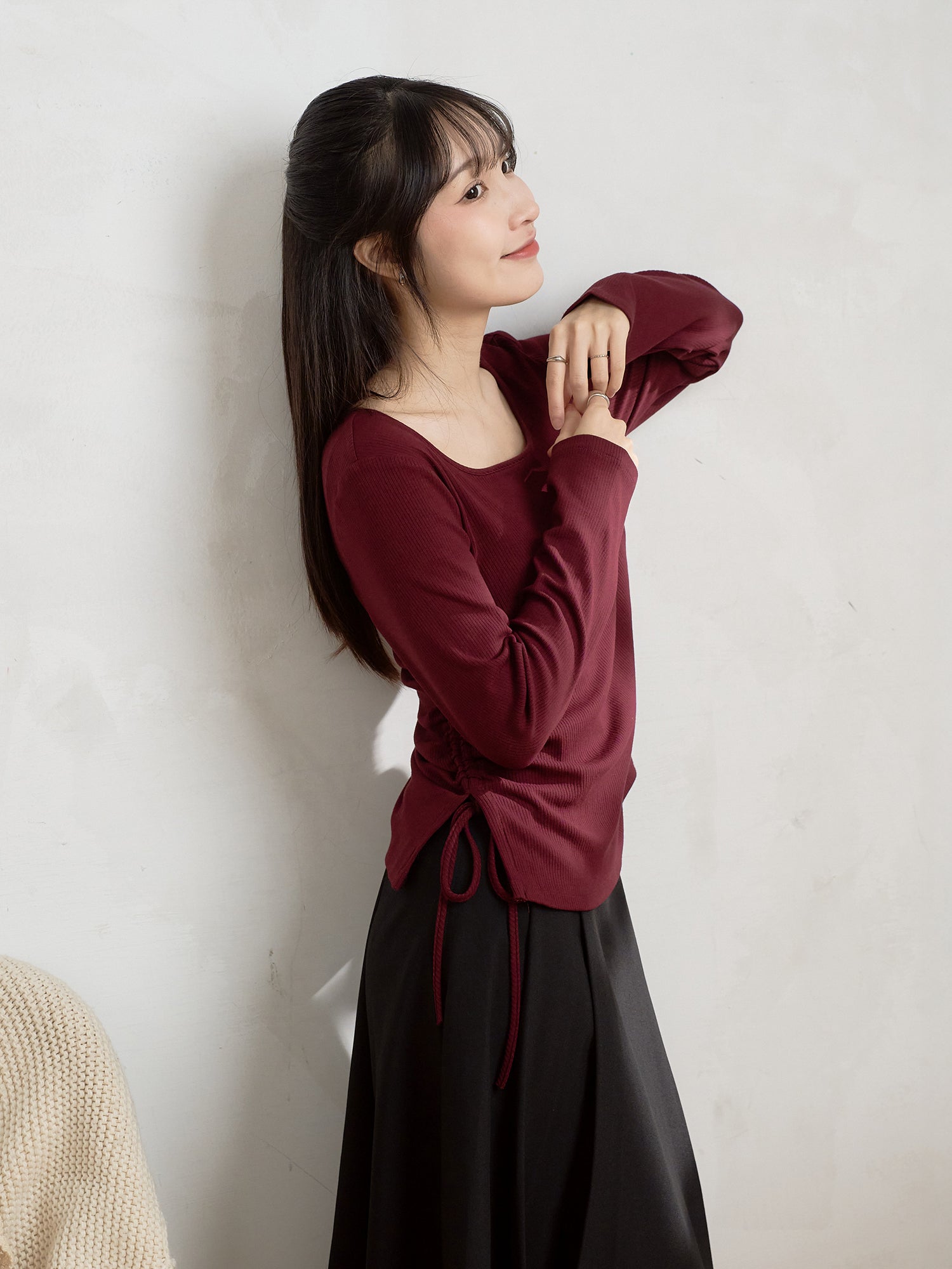 抽繩綁帶開衩上衣