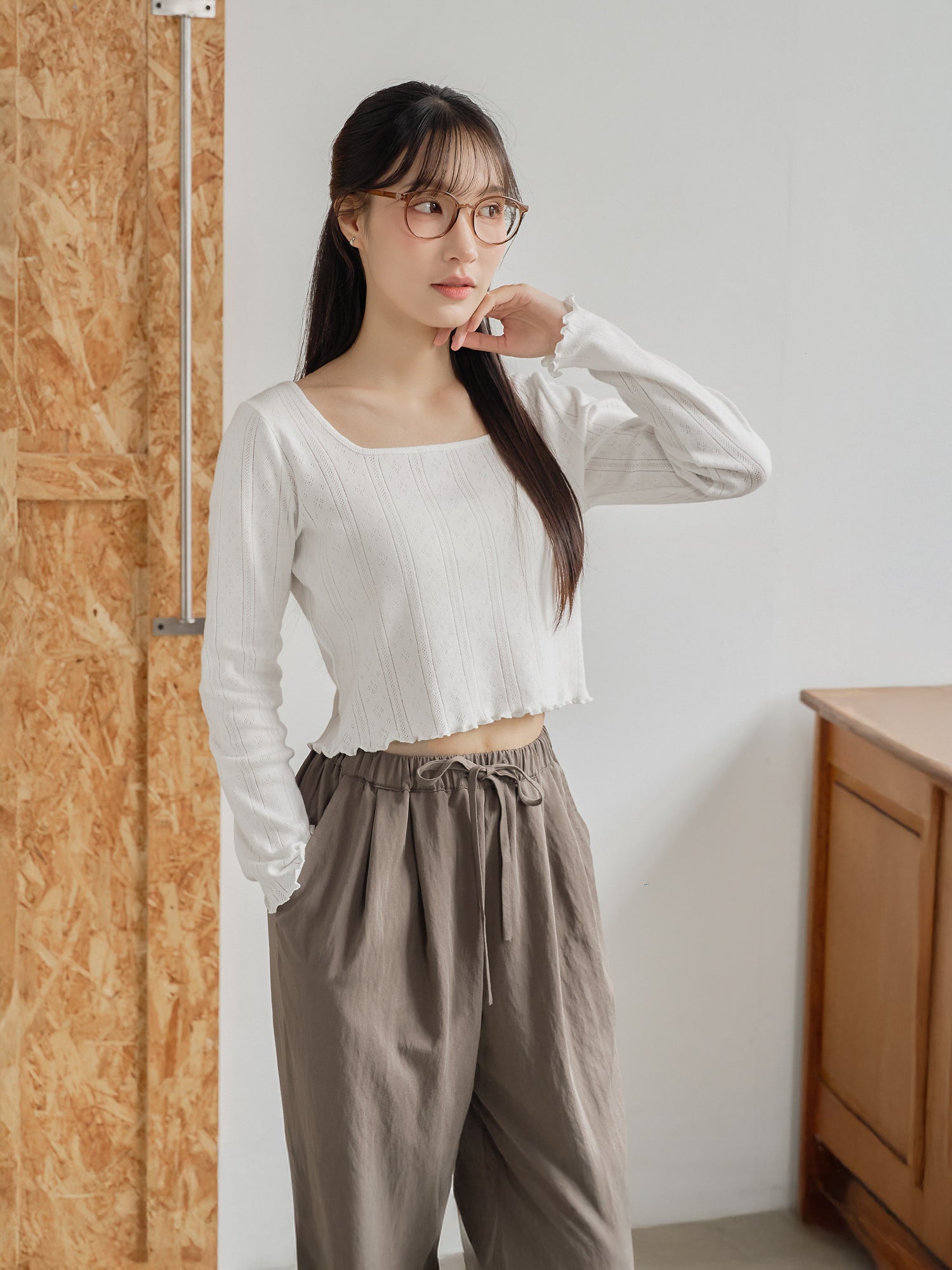 Pointelle Square Neck Long Sleeve Top