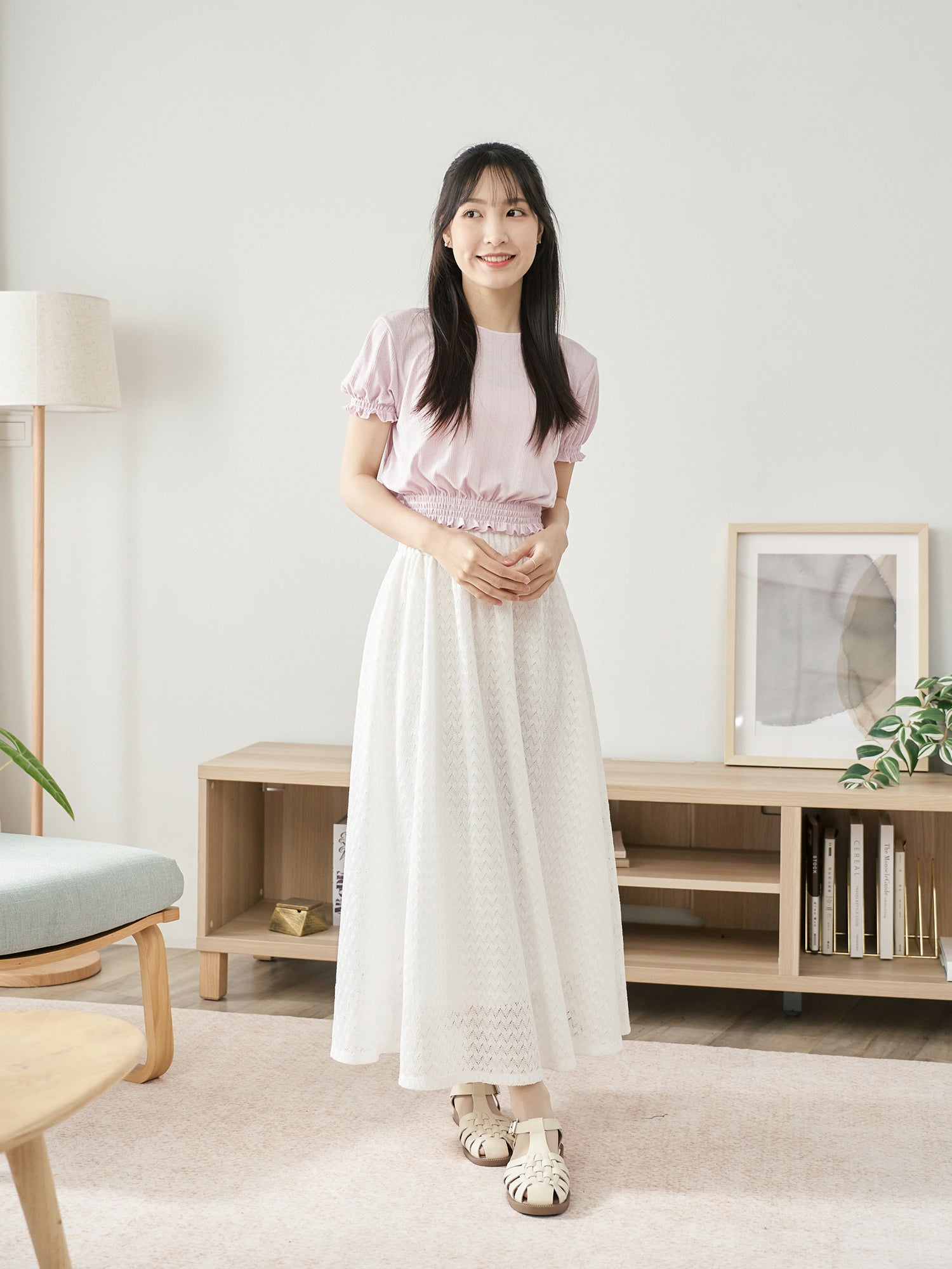 Pointelle Puff Sleeve Shirring Top