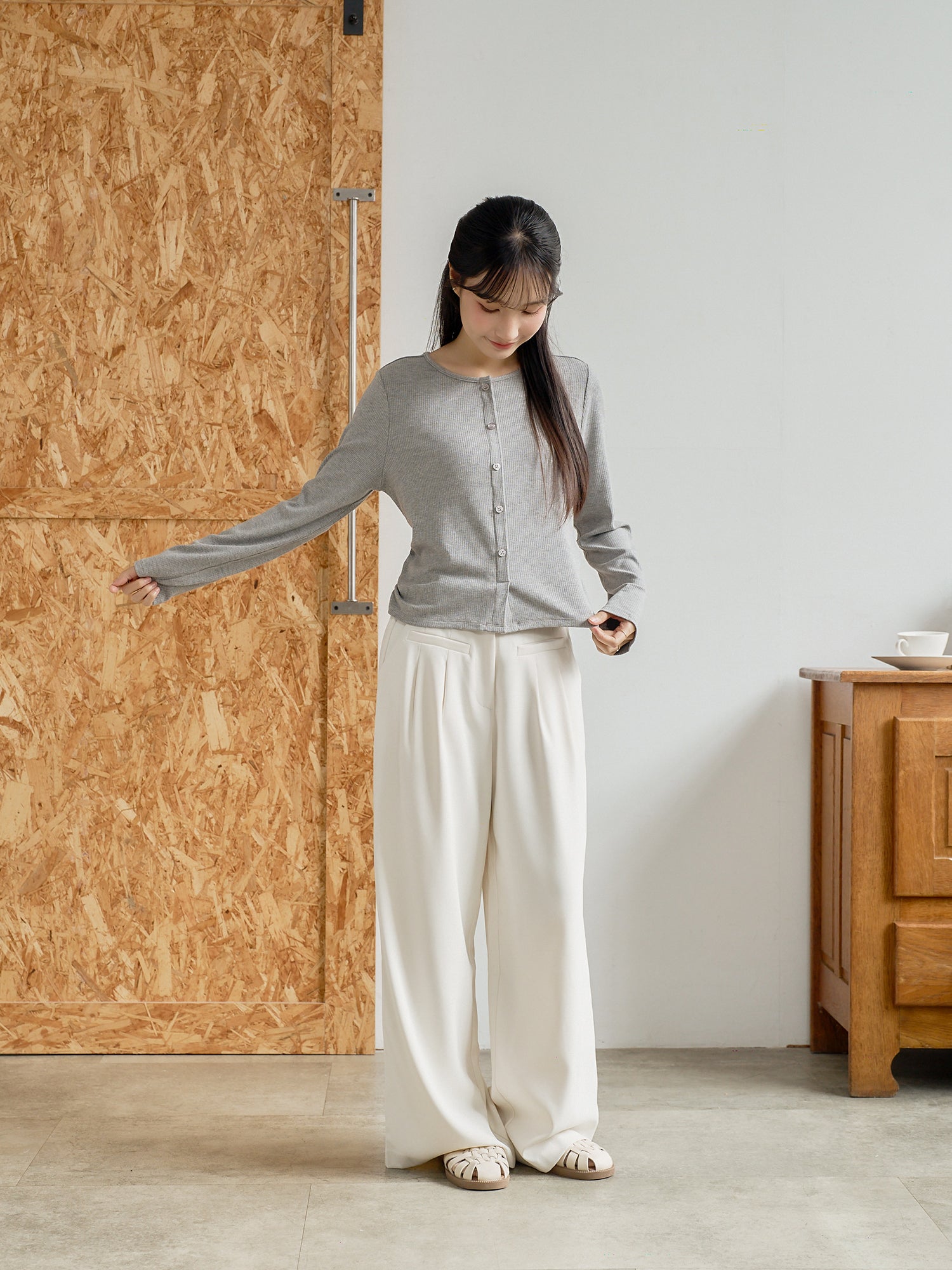 Side Shirring Buttoned Top