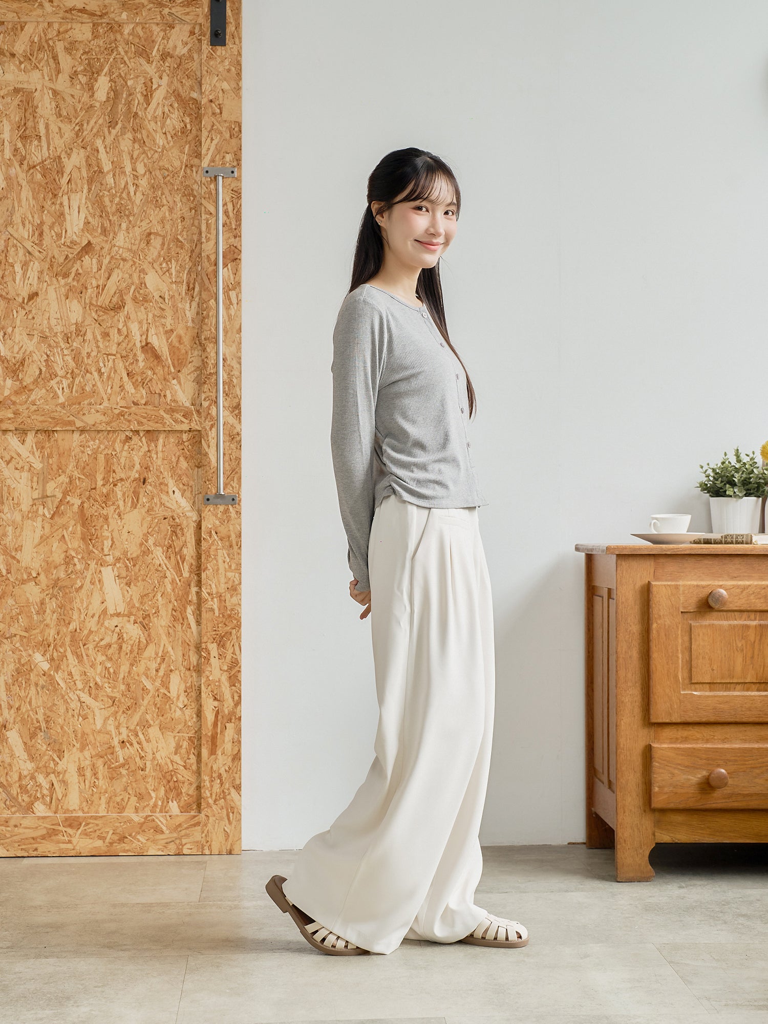 Side Shirring Buttoned Top