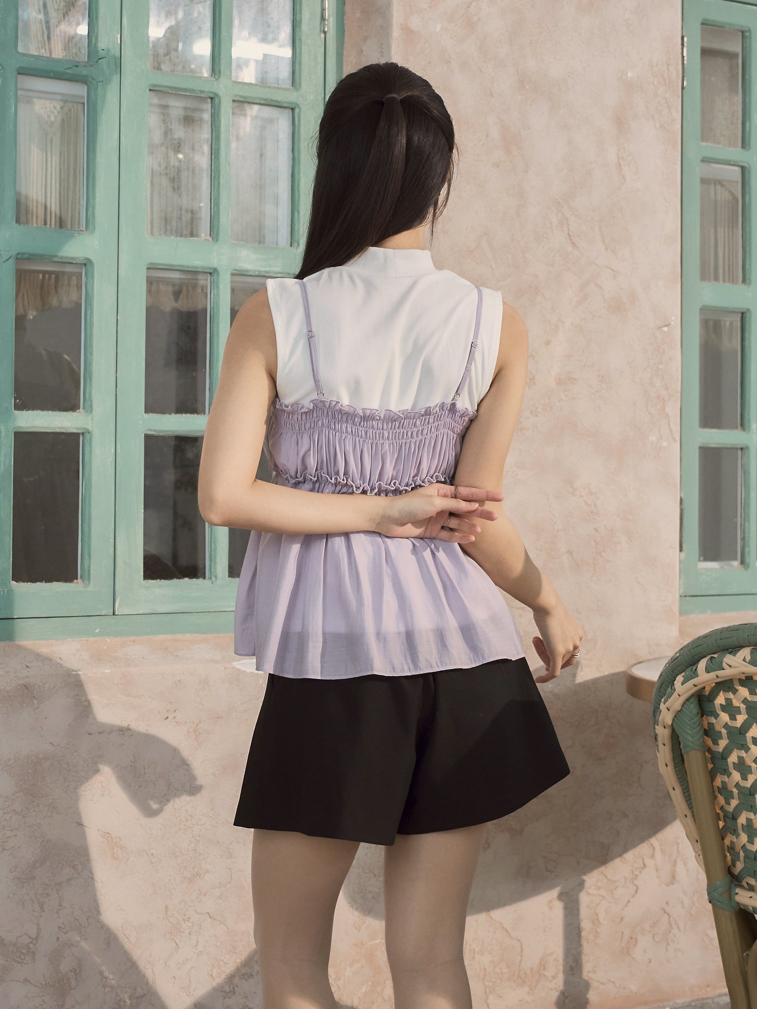 珠光縮褶吊帶上衣