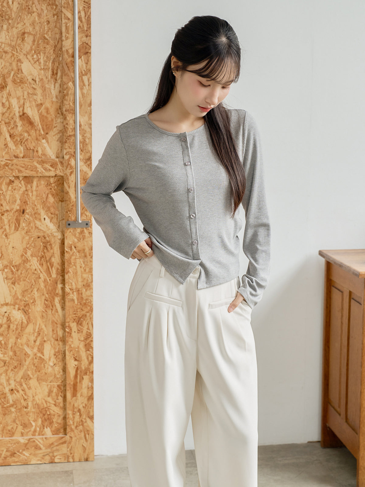 Side Shirring Buttoned Top
