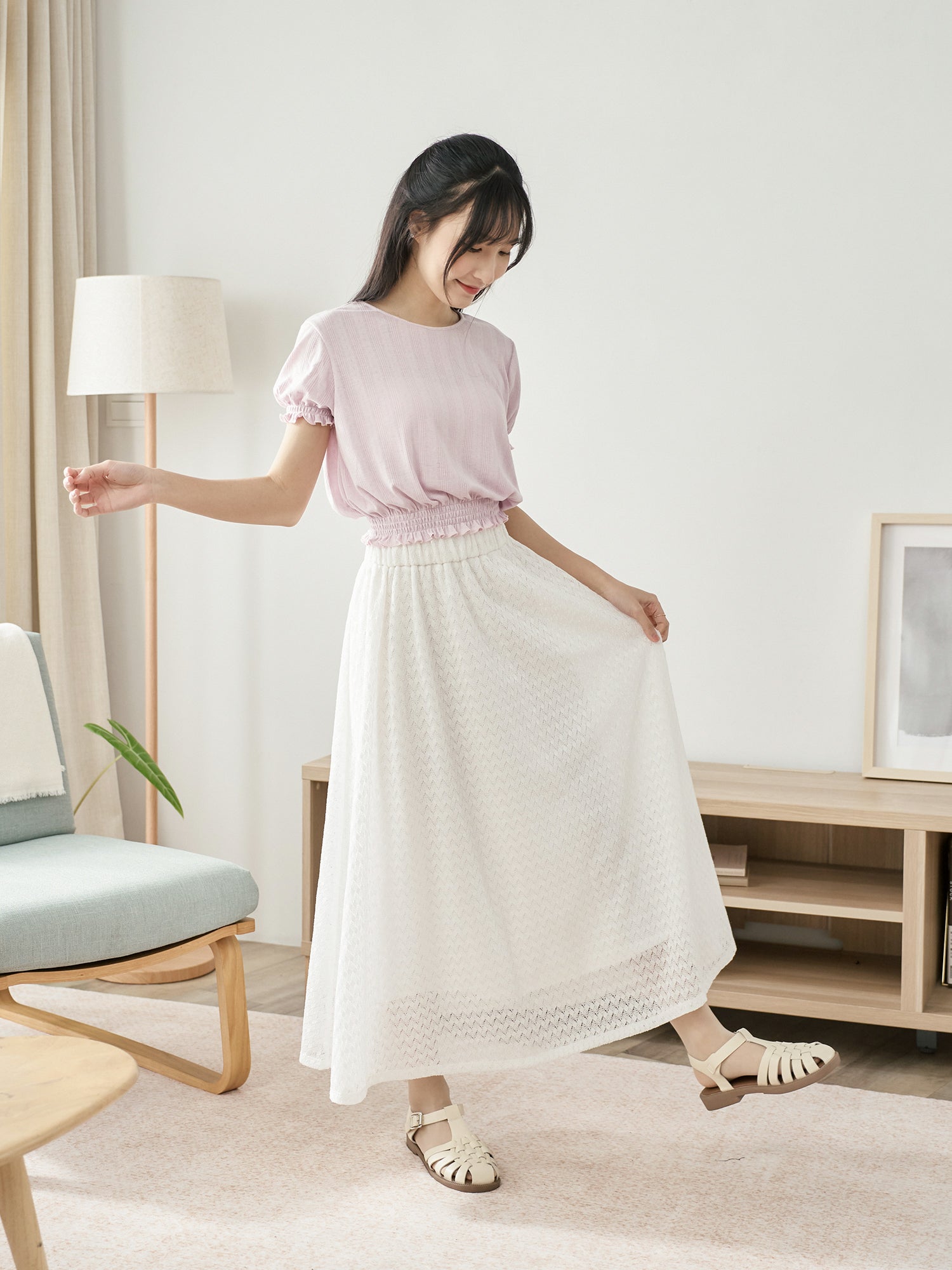 Pointelle Puff Sleeve Shirring Top