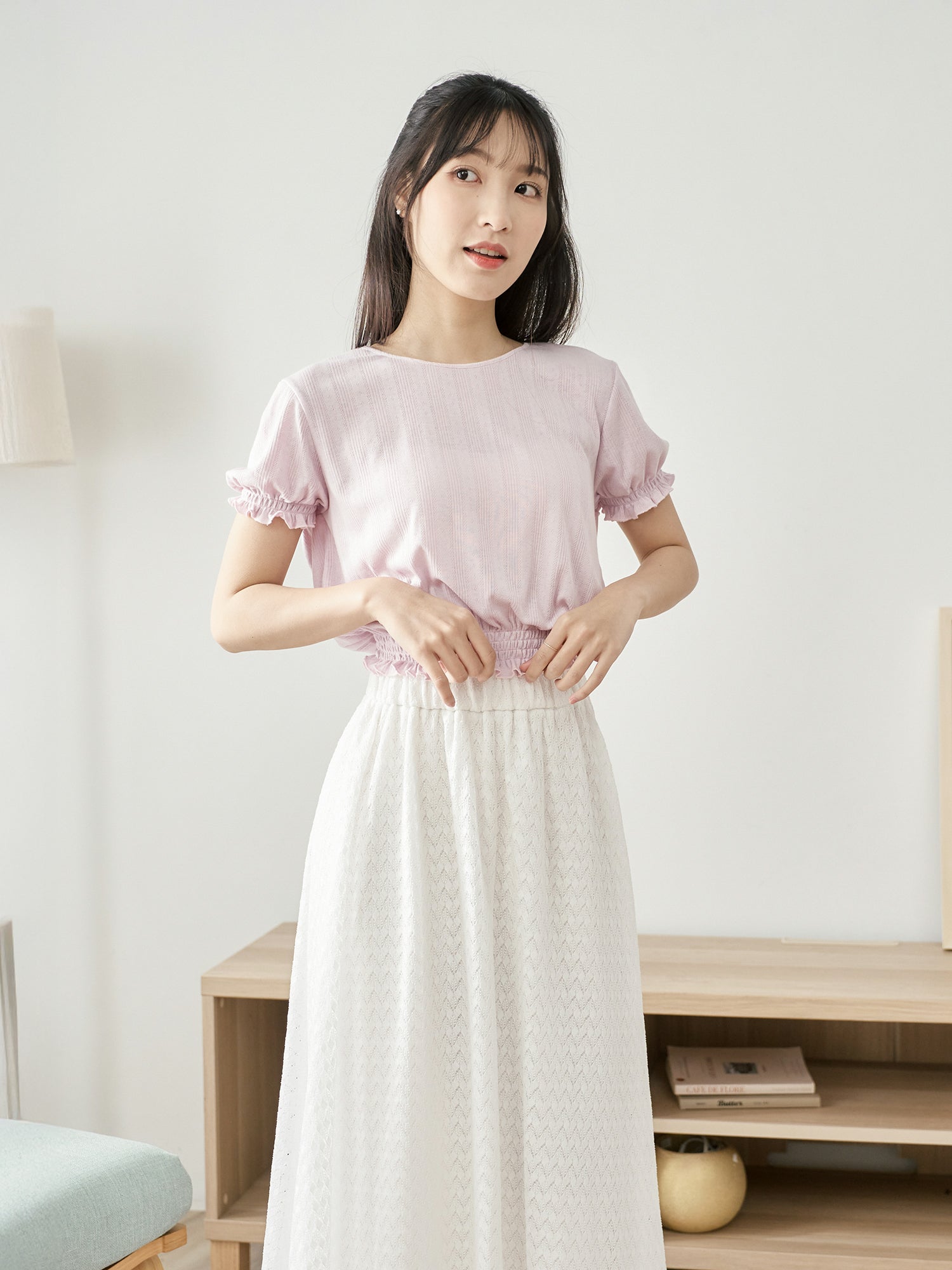 Pointelle Puff Sleeve Shirring Top