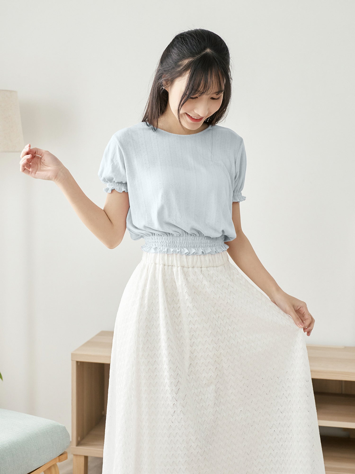 Pointelle Puff Sleeve Shirring Top