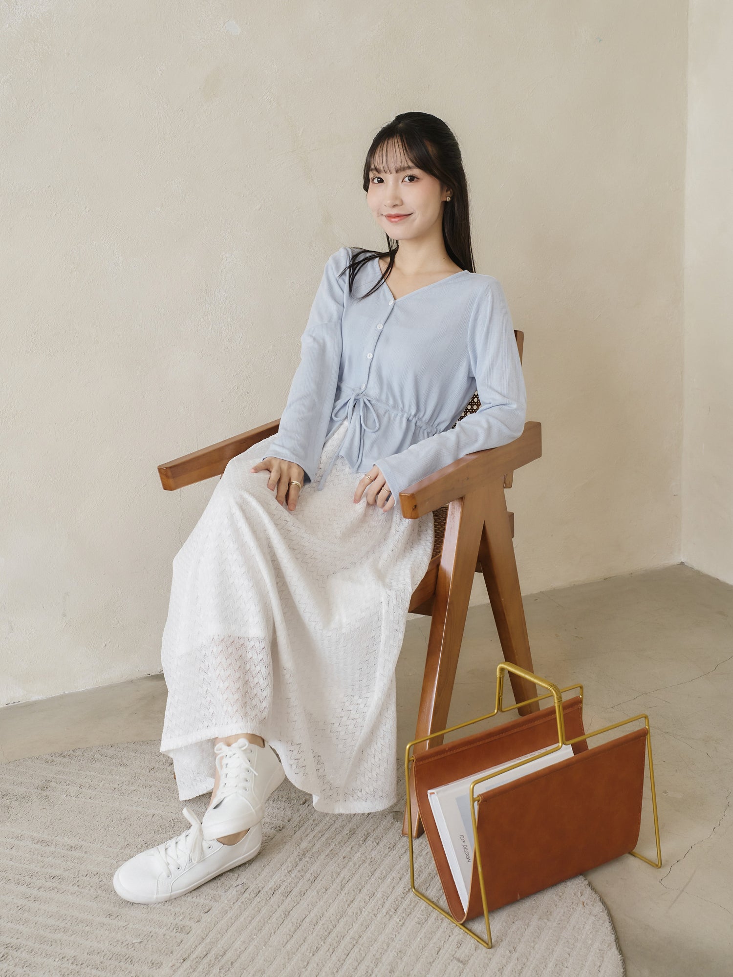 Pointelle Tie Waist Knit top