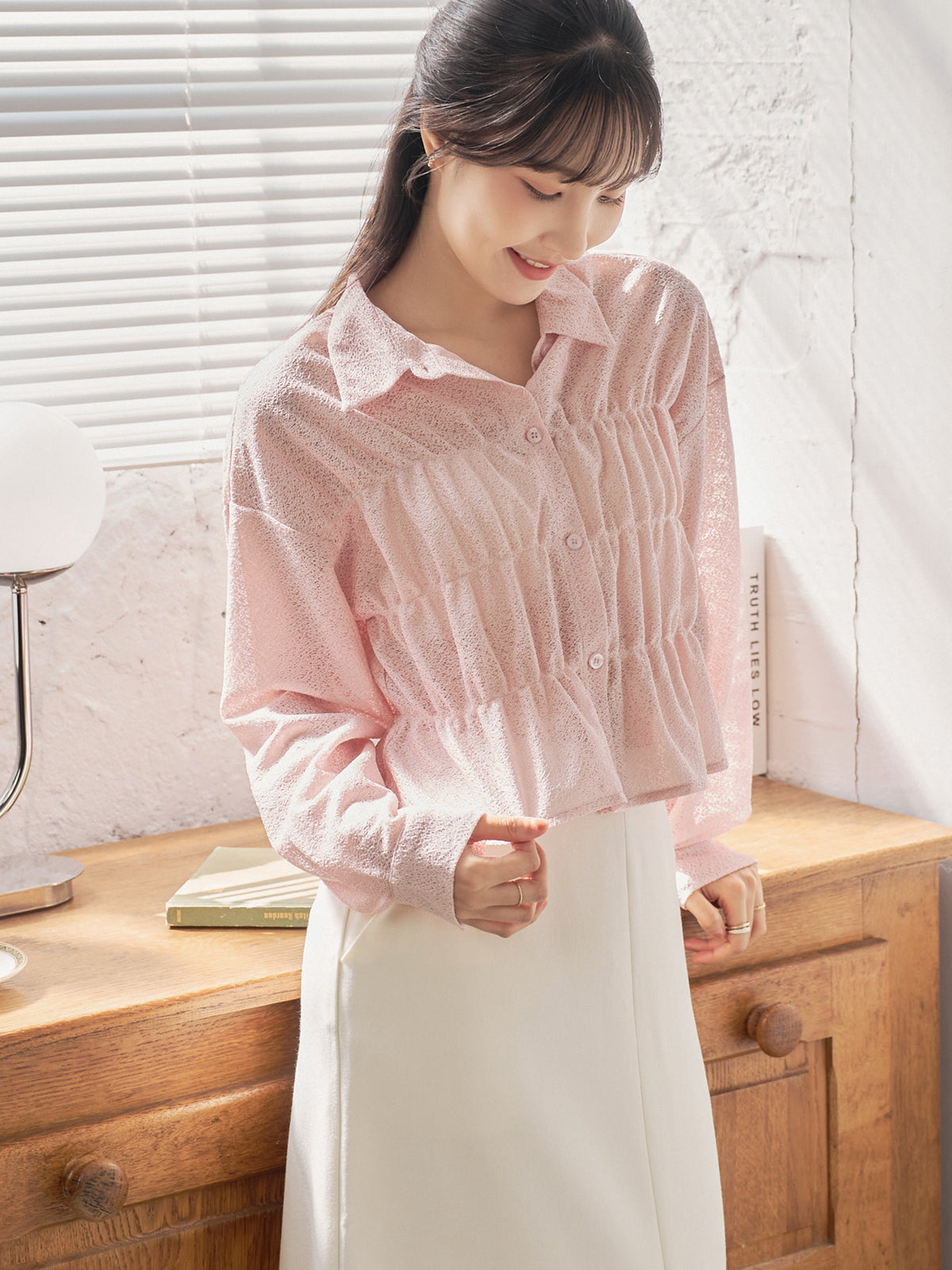 Wavy Hem Shirred Shirt