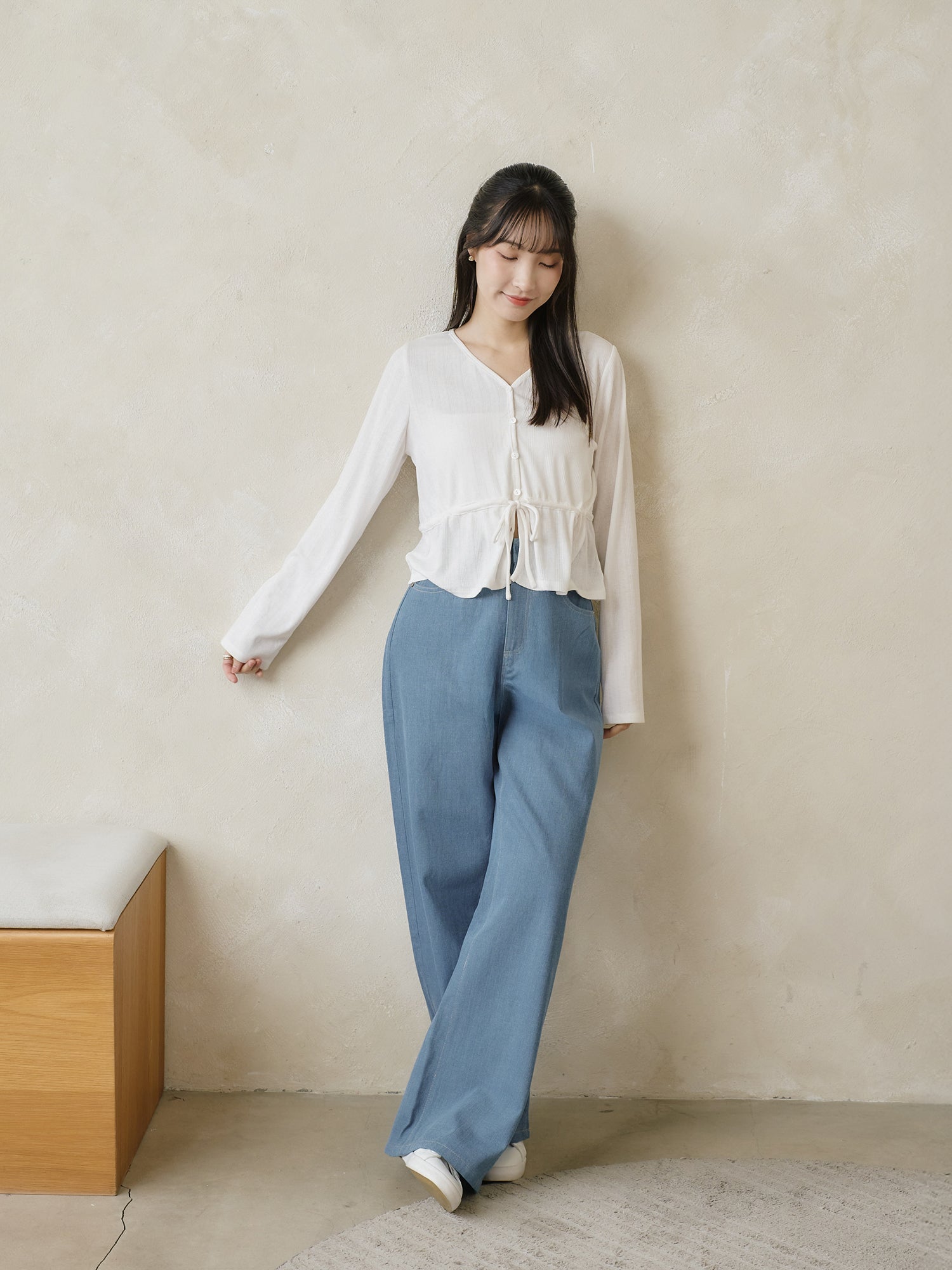 Pointelle Tie Waist Knit top