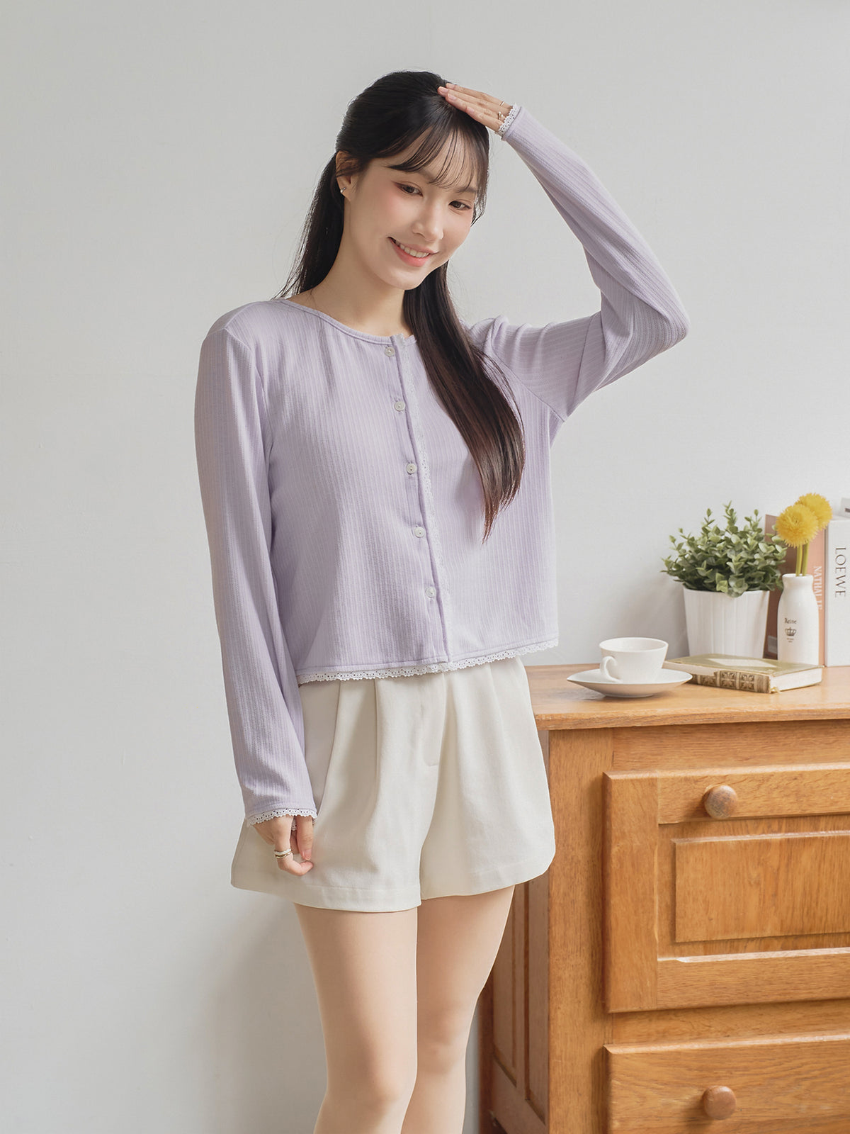Contrast Buttoned Lace Trim Cardigan