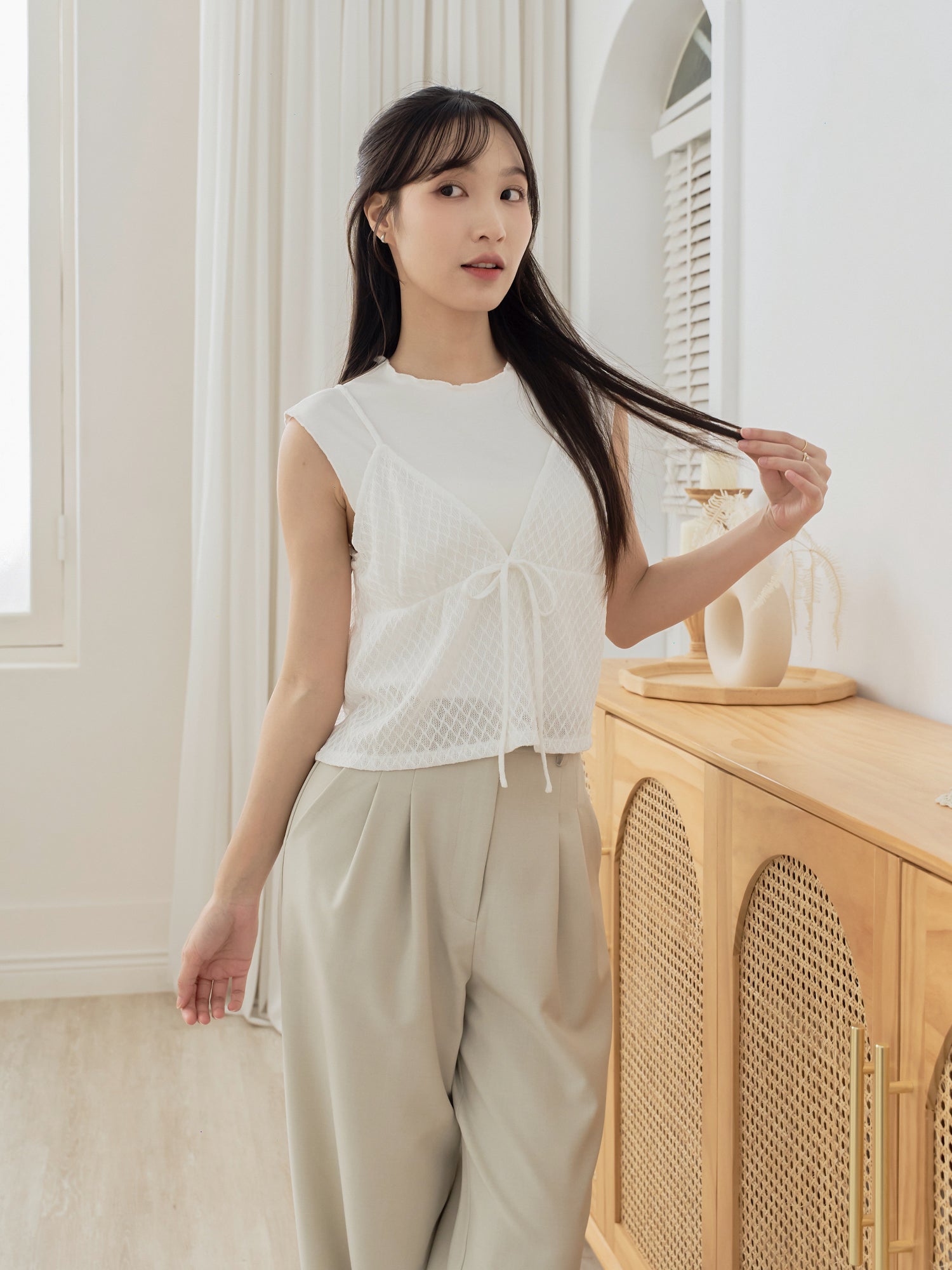 Ribboned Crochet Cami Twin Set (Including Inner Top)
