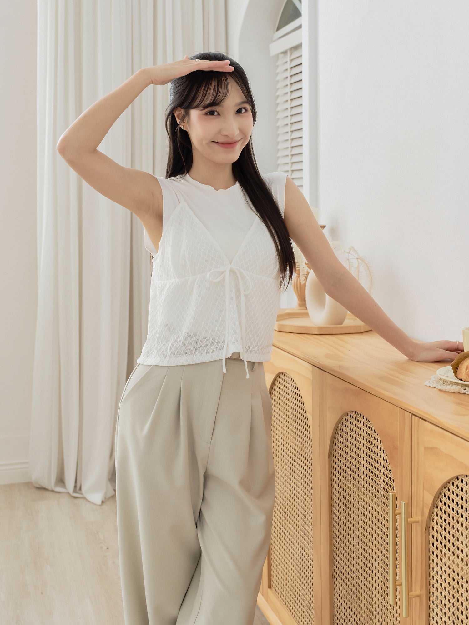 Ribboned Crochet Cami Twin Set (Including Inner Top)
