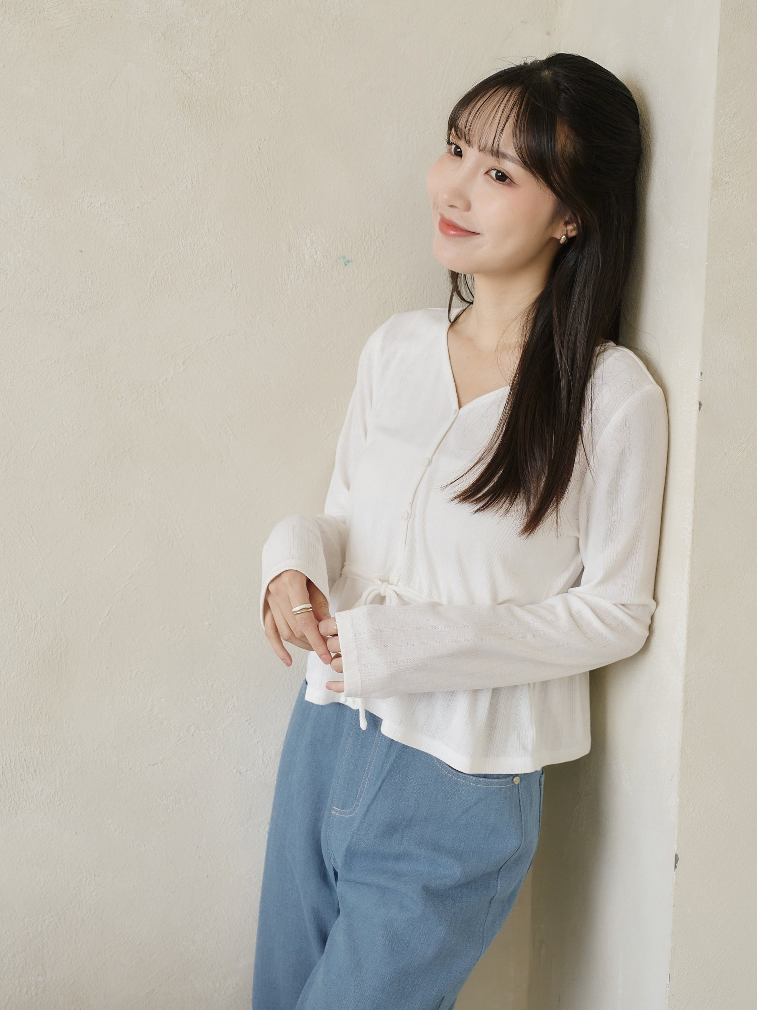 Pointelle Tie Waist Knit top