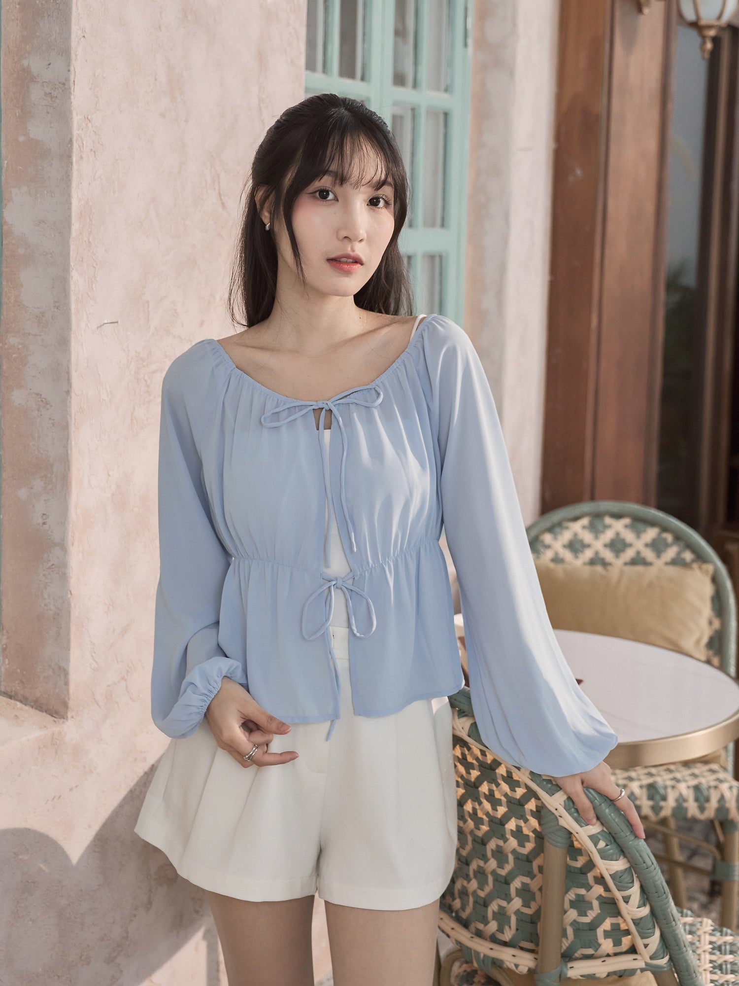 兩穿雪紡綁帶上衣