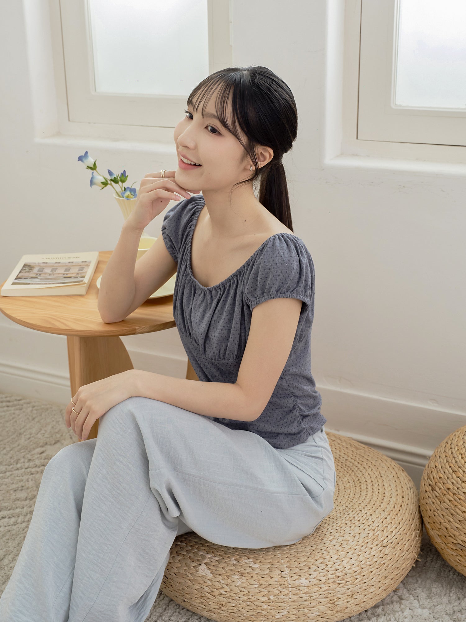 立體皺褶船領上衣