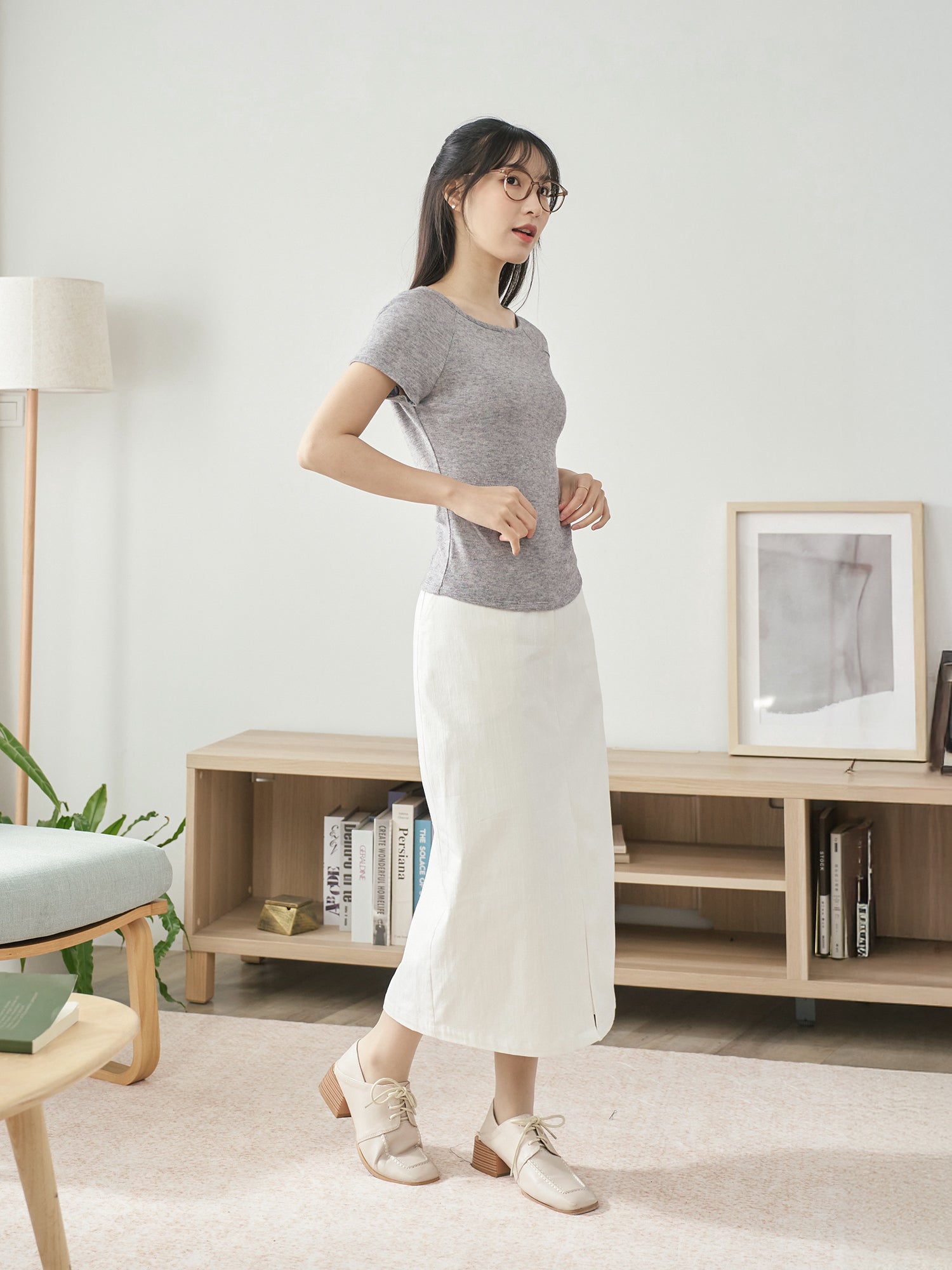 高腰前開衩半身裙