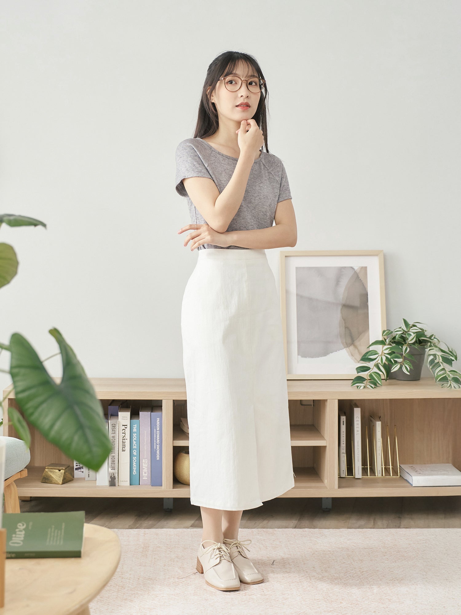 高腰前開衩半身裙