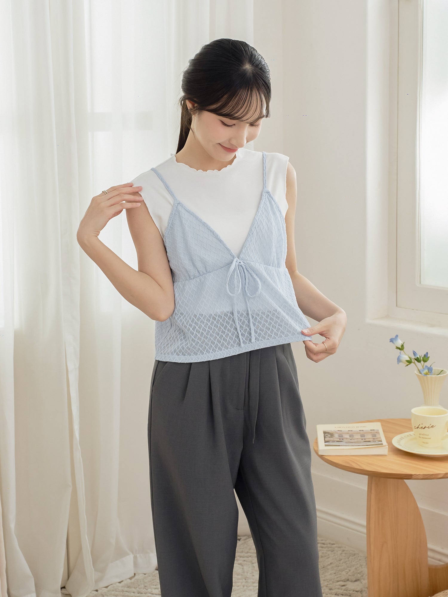 Ribboned Crochet Cami Twin Set (Including Inner Top)