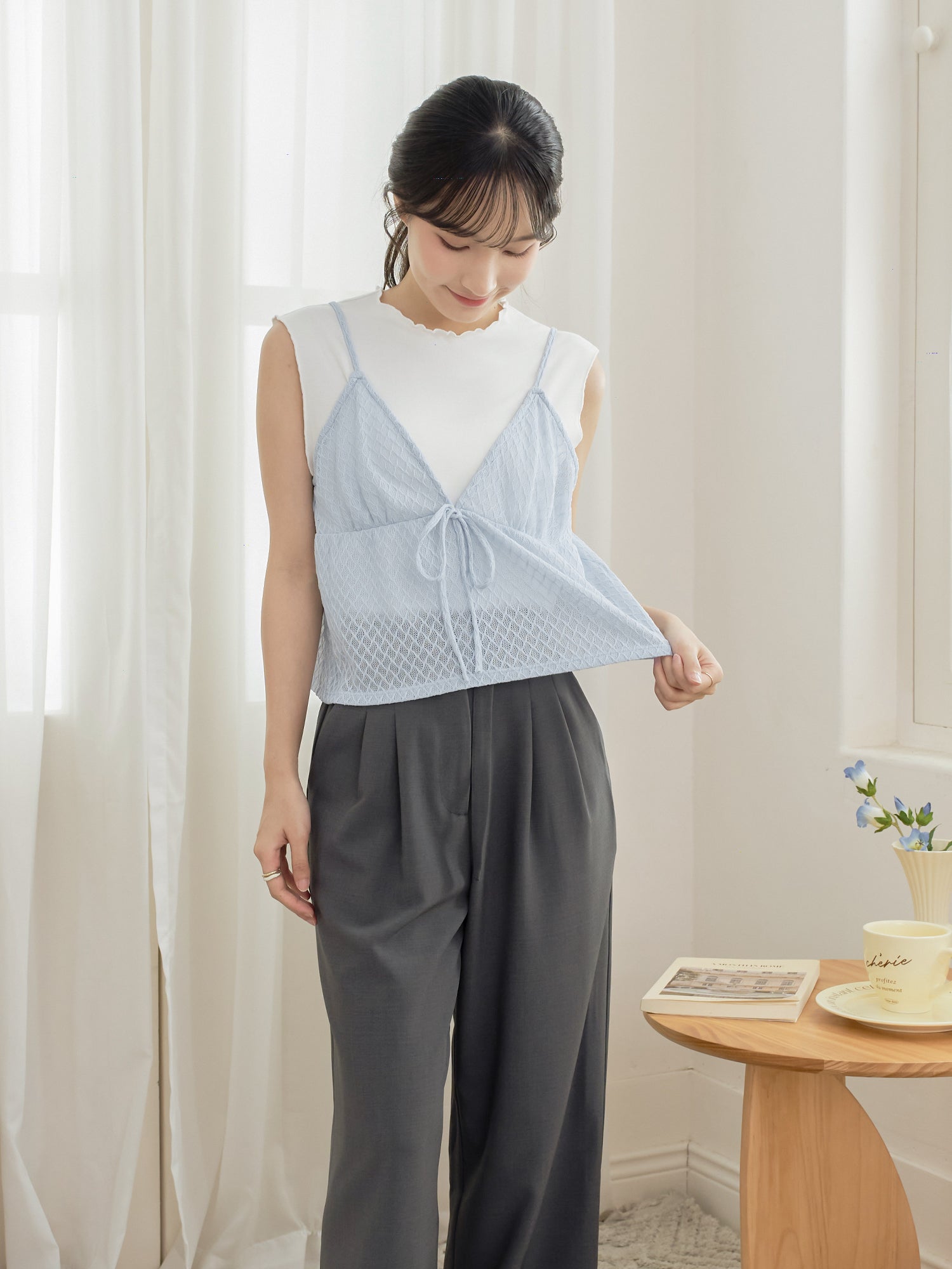 Ribboned Crochet Cami Twin Set (Including Inner Top)