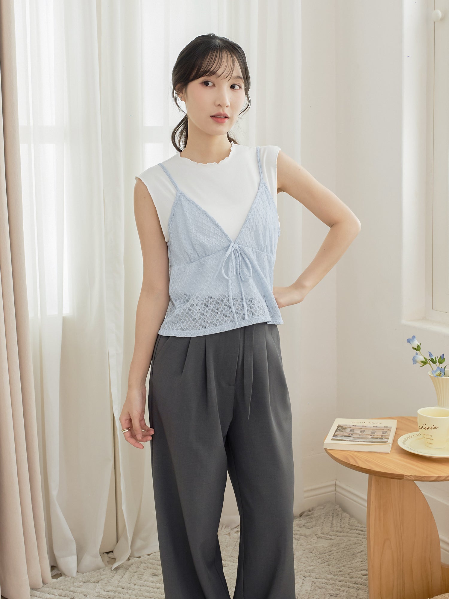 Ribboned Crochet Cami Twin Set (Including Inner Top)