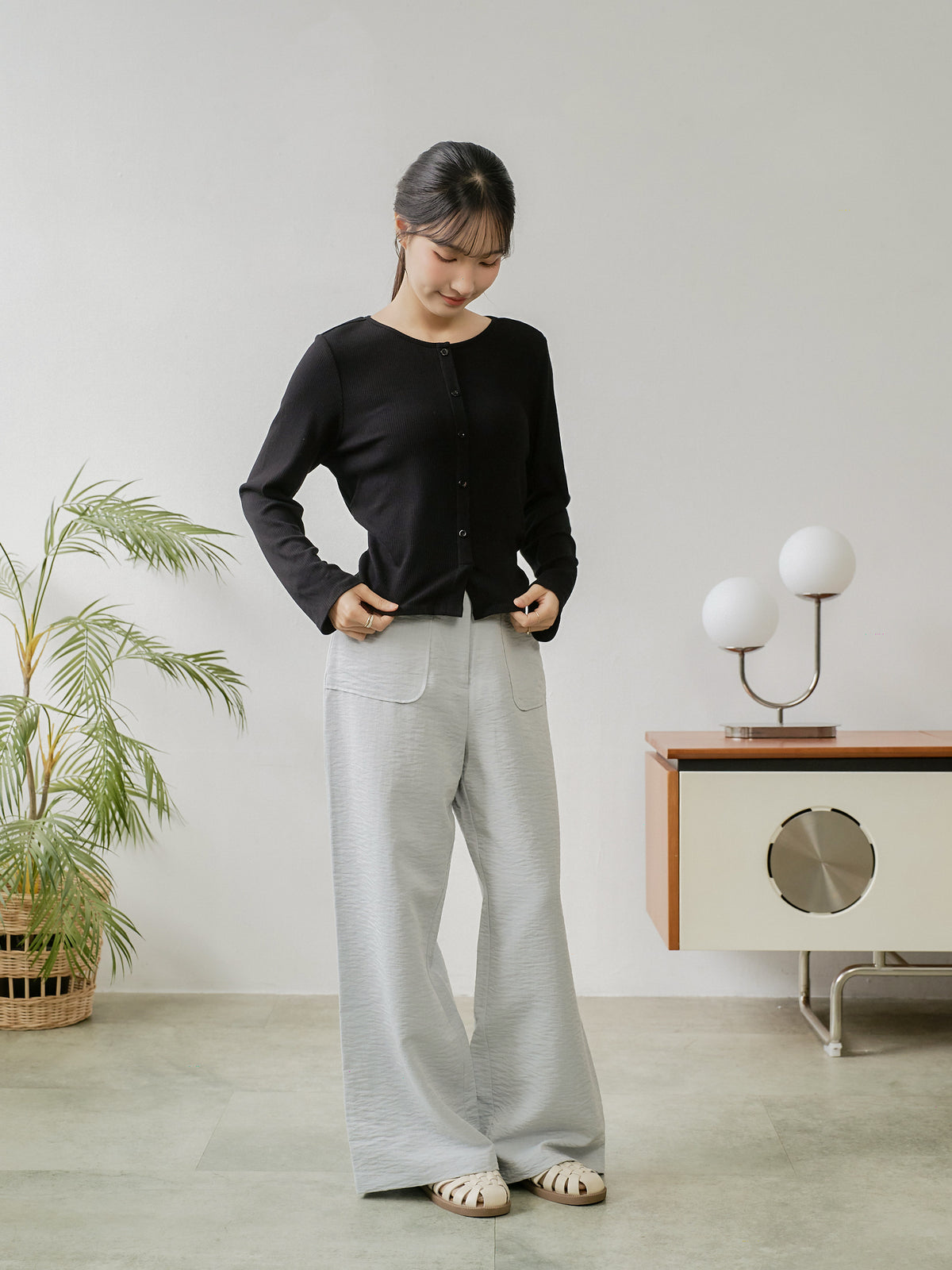 Side Shirring Buttoned Top