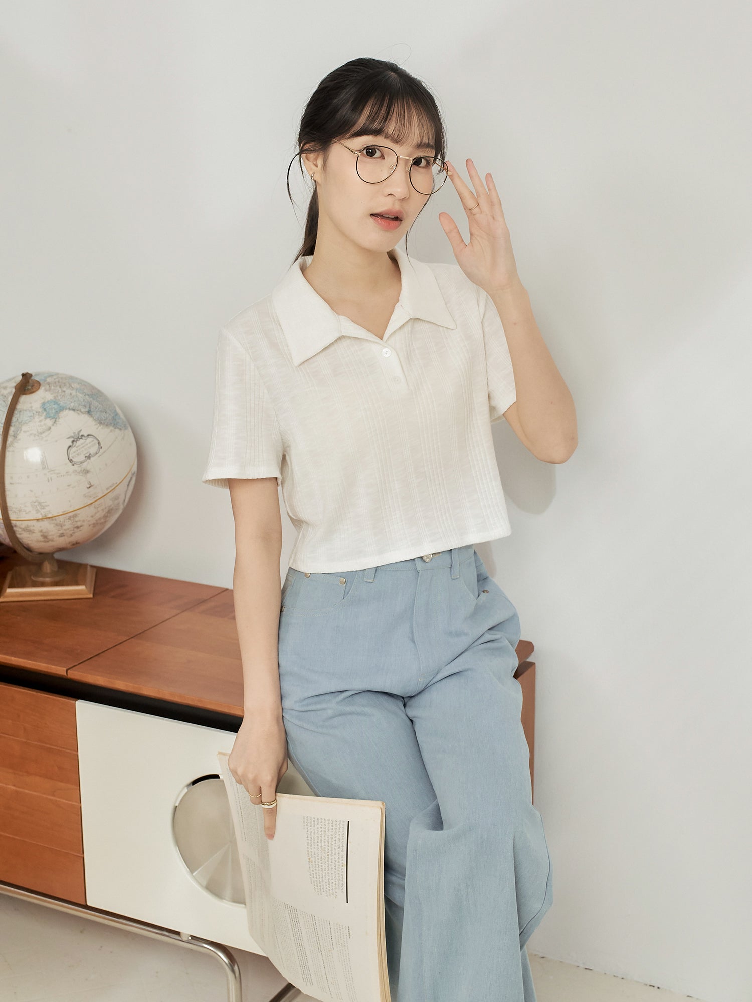 Knit-Blend Cropped Polo Top
