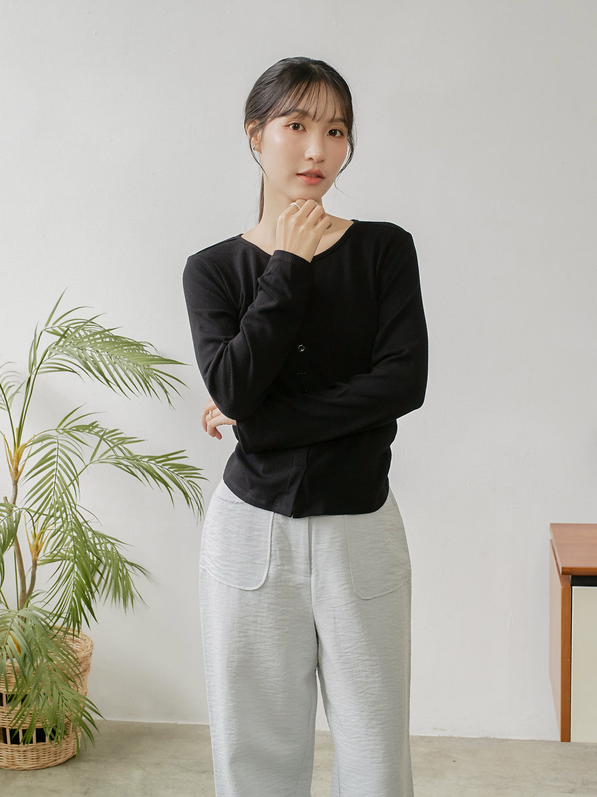 Side Shirring Buttoned Top