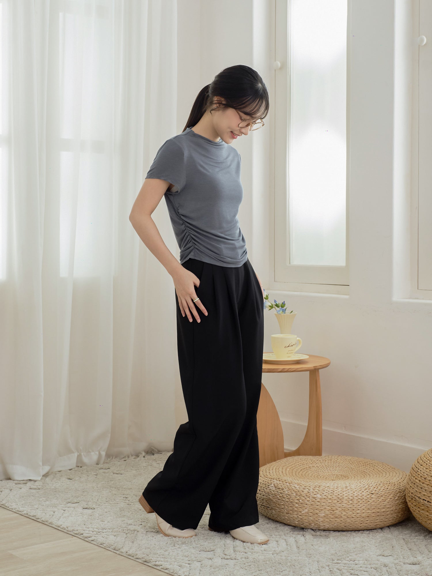 Side Shirring Short Sleeve Top