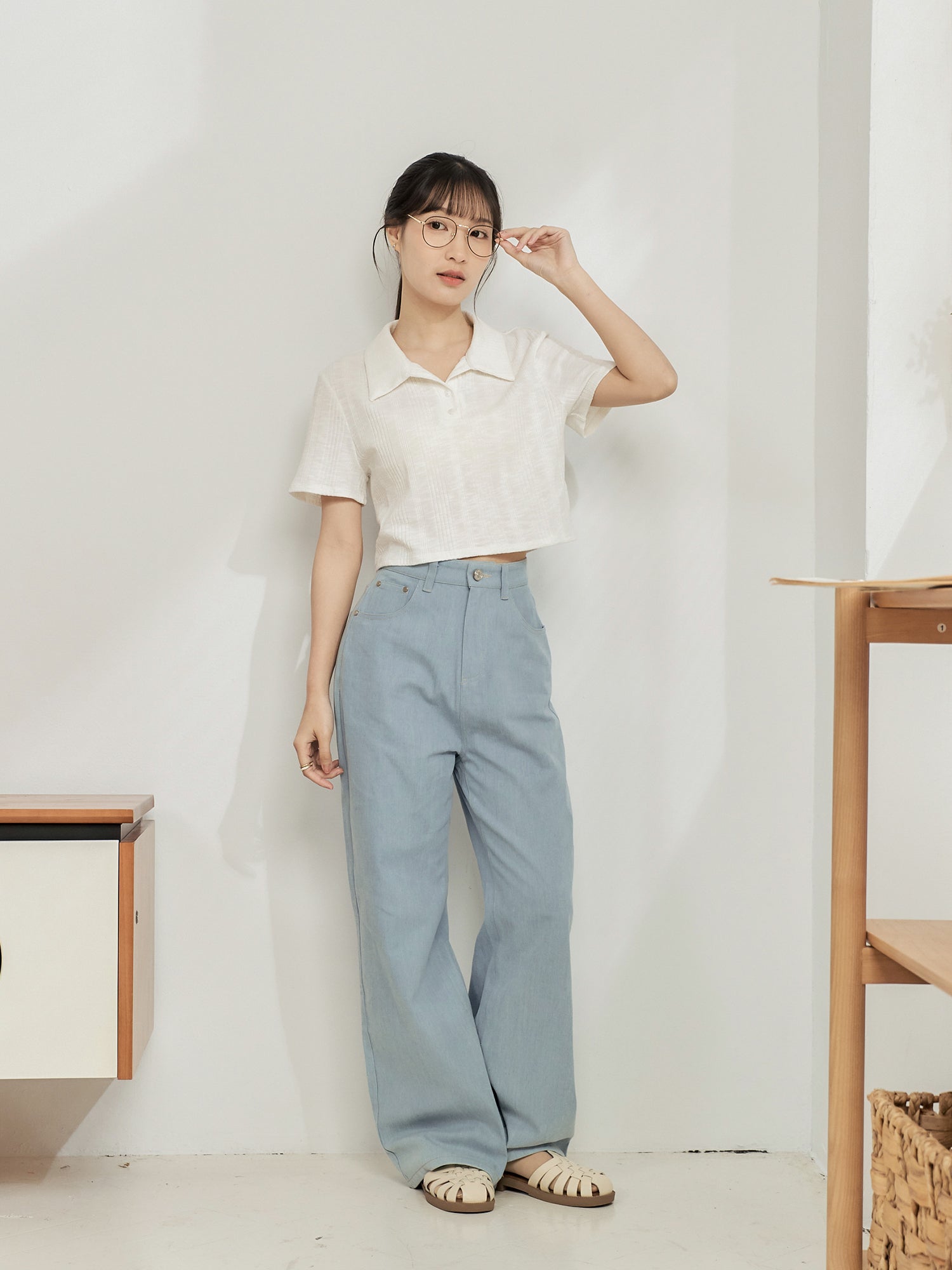 Knit-Blend Cropped Polo Top