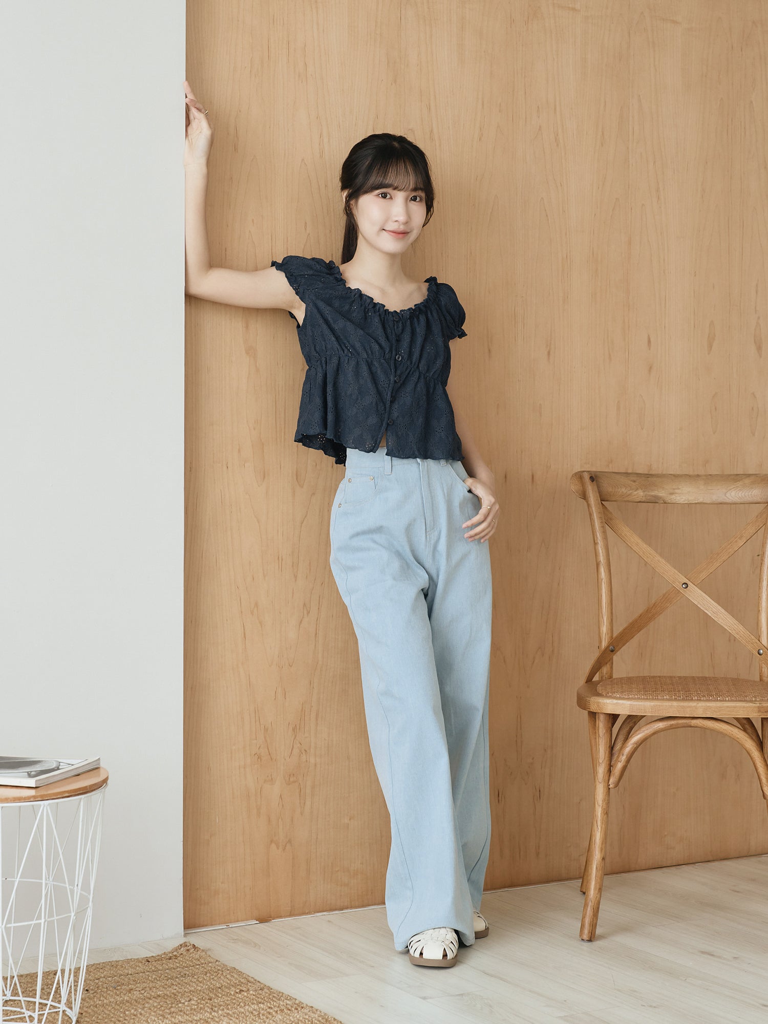Buttoned Cap Sleeve Eyelet Top