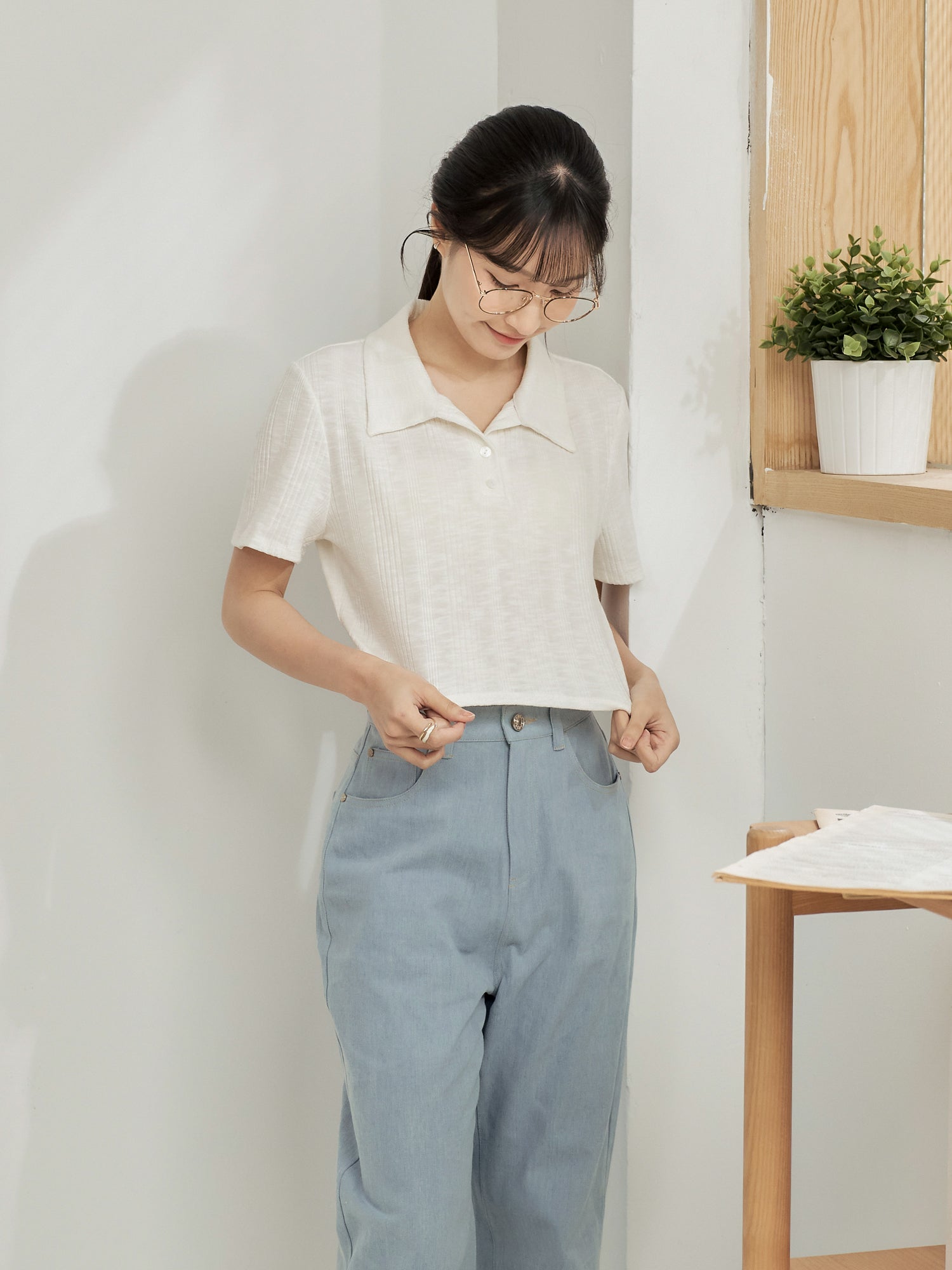 Knit-Blend Cropped Polo Top