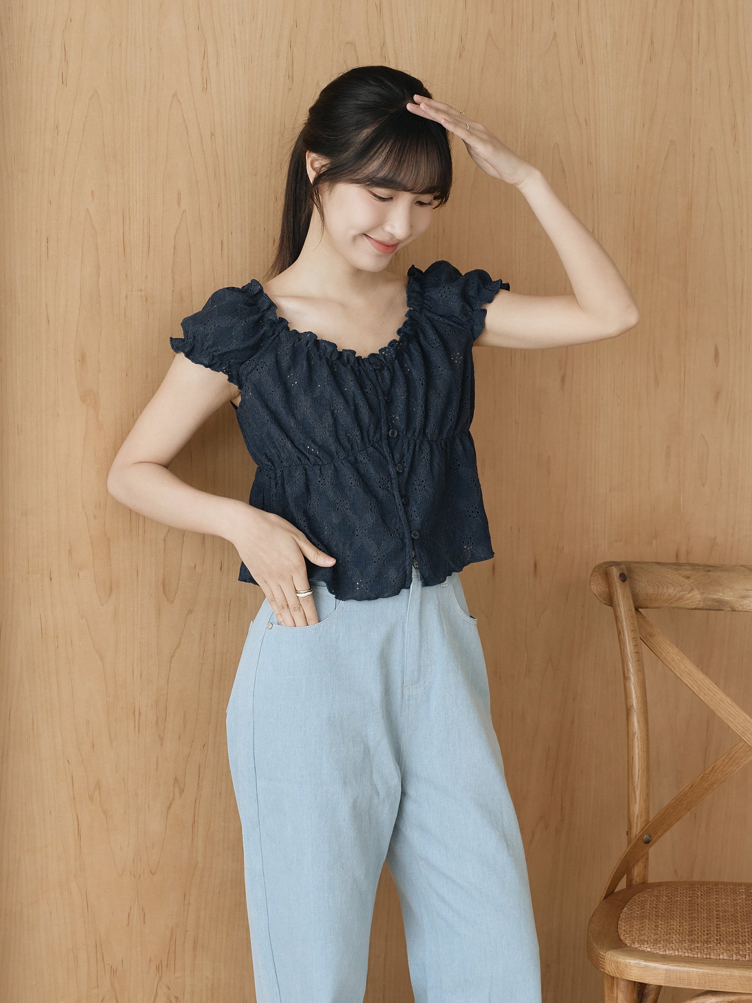 Buttoned Cap Sleeve Eyelet Top