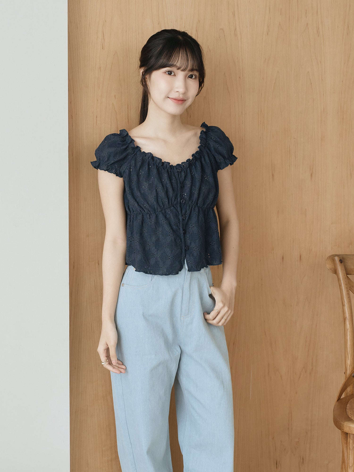 Buttoned Cap Sleeve Eyelet Top