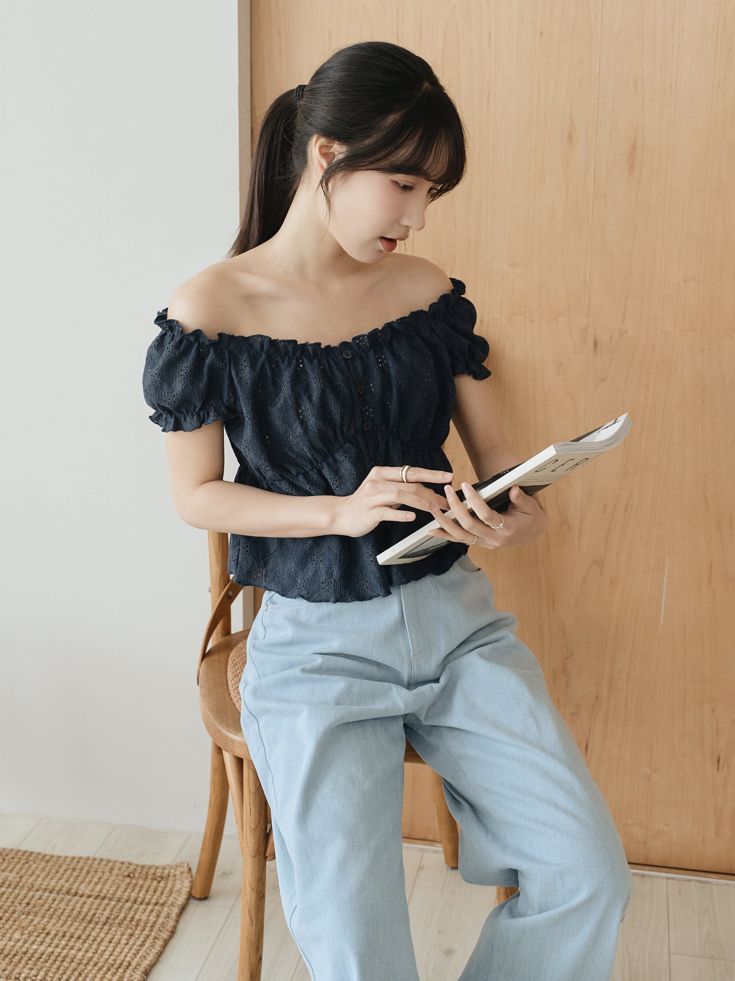 Buttoned Cap Sleeve Eyelet Top