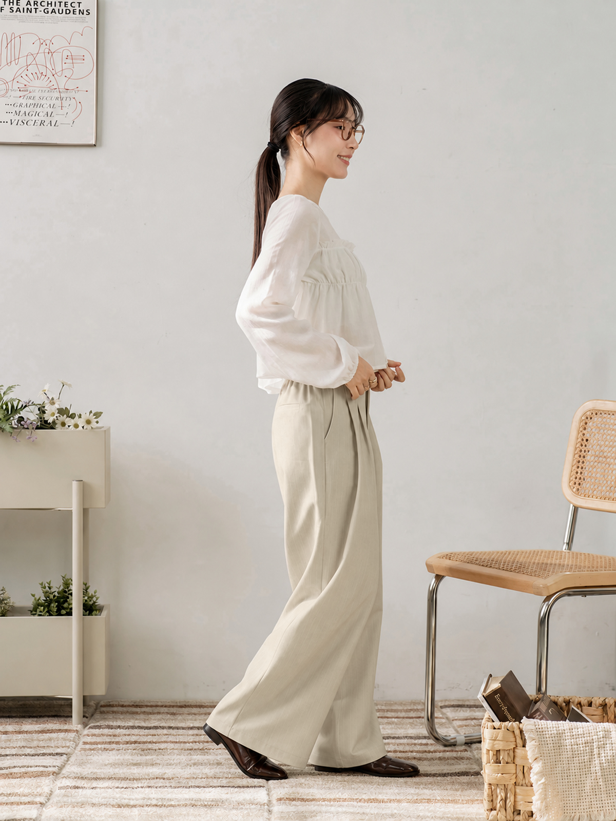 Dual Button Striped Wide-Leg Pants (With Elastic Waist)