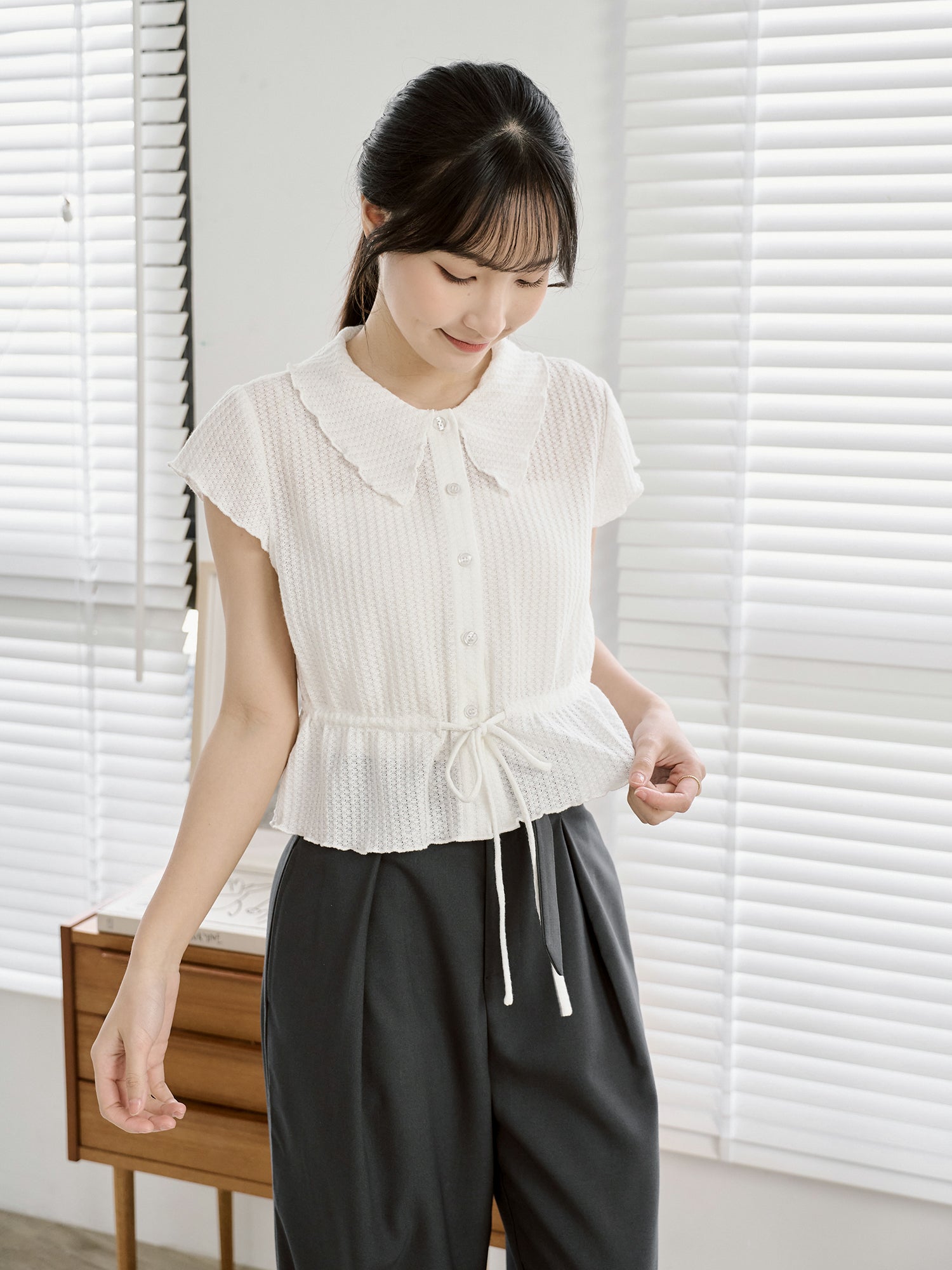 Tie Waist Waffle Top