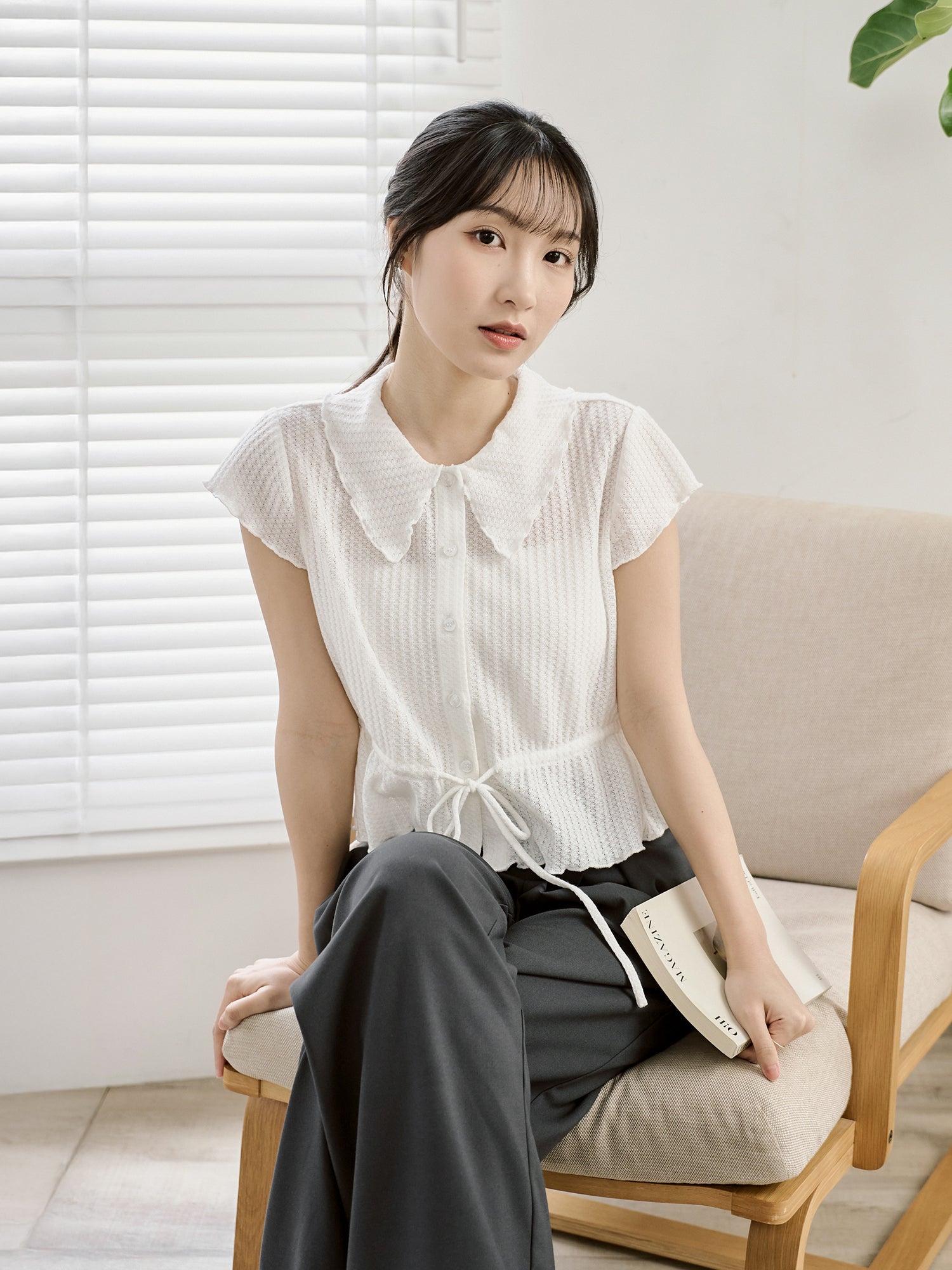 Tie Waist Waffle Top