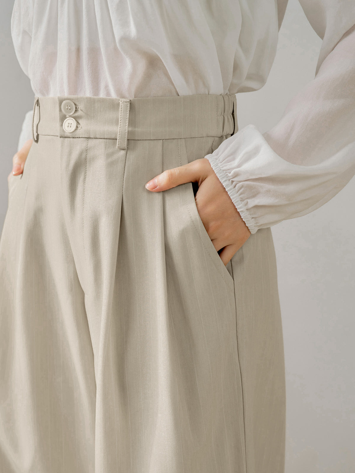 Dual Button Striped Wide-Leg Pants (With Elastic Waist)
