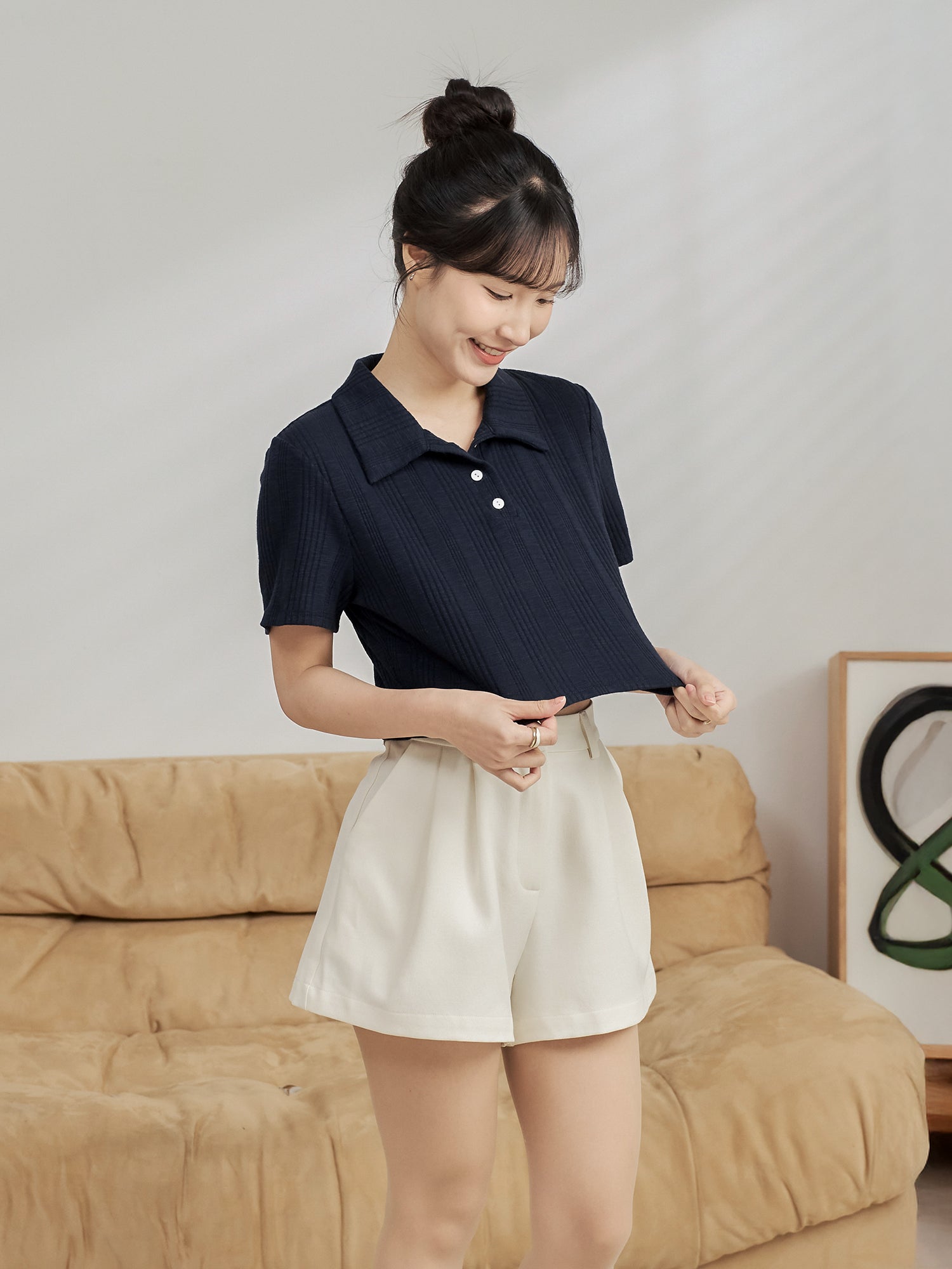 Knit-Blend Cropped Polo Top