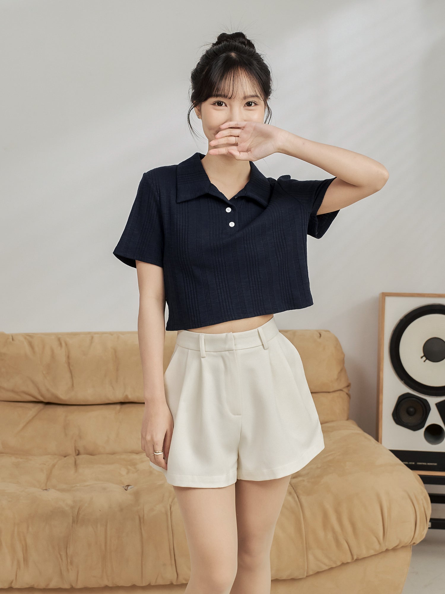 Knit-Blend Cropped Polo Top
