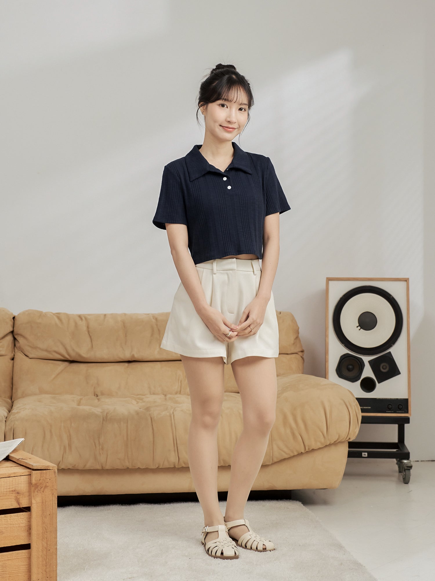 Knit-Blend Cropped Polo Top