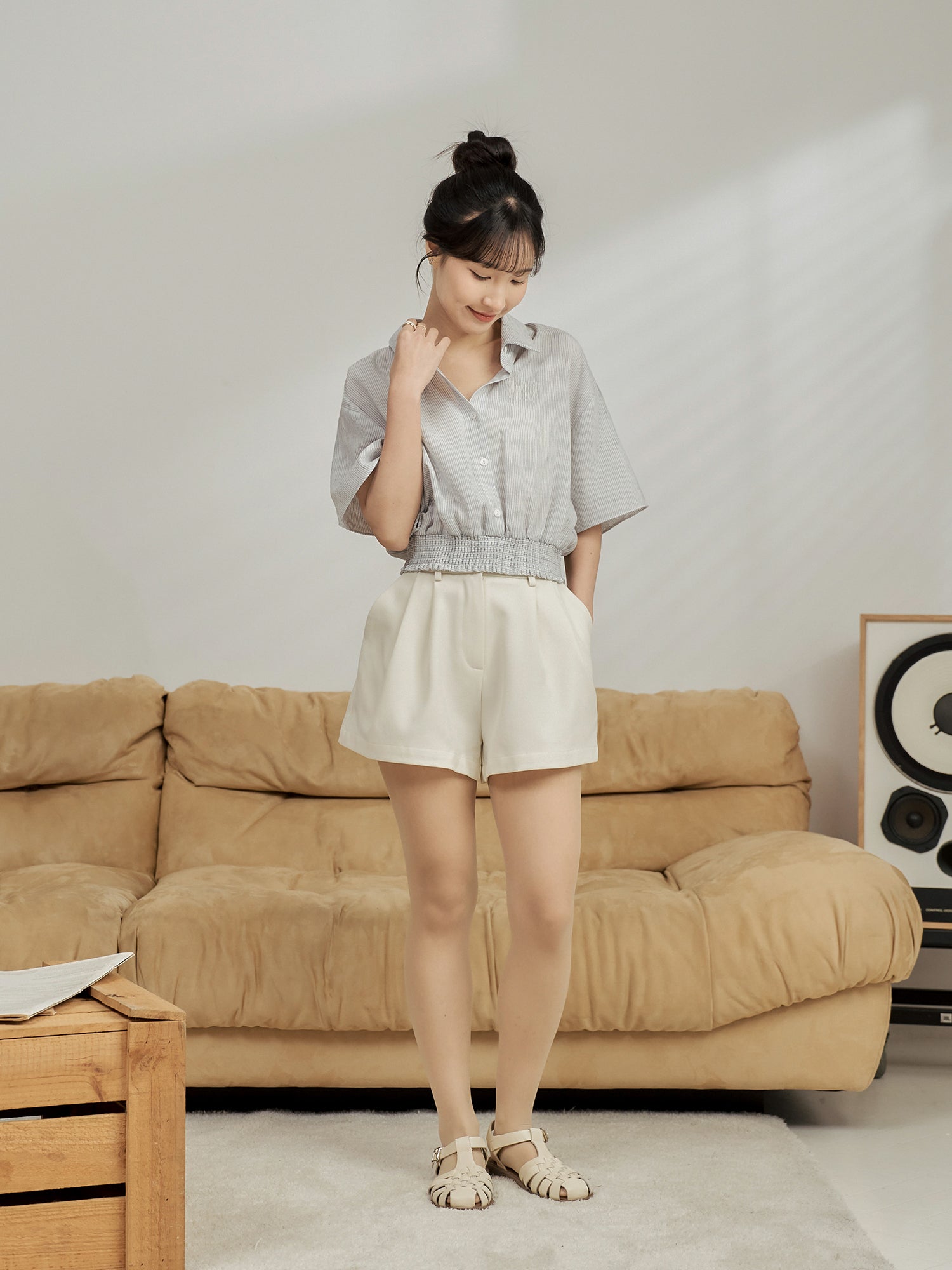 Striped Shirring Waist Shirt