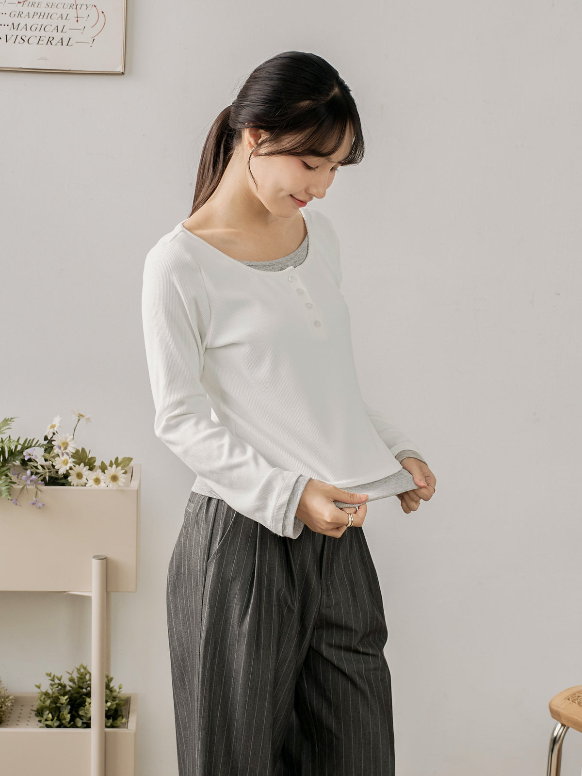 Soft Contrast Layered Henley Top